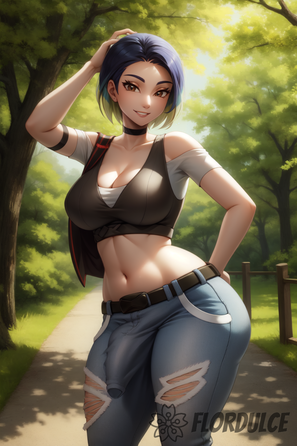 ai generated, clothed, clothed futa, covered penis, erection, erection under clothing, flordulce, futa only, futanari, intersex, outdoors, penis, perrin (pokemon), pokemon, pokemon sv, seductive, seductive look, seductive smile, solo futa