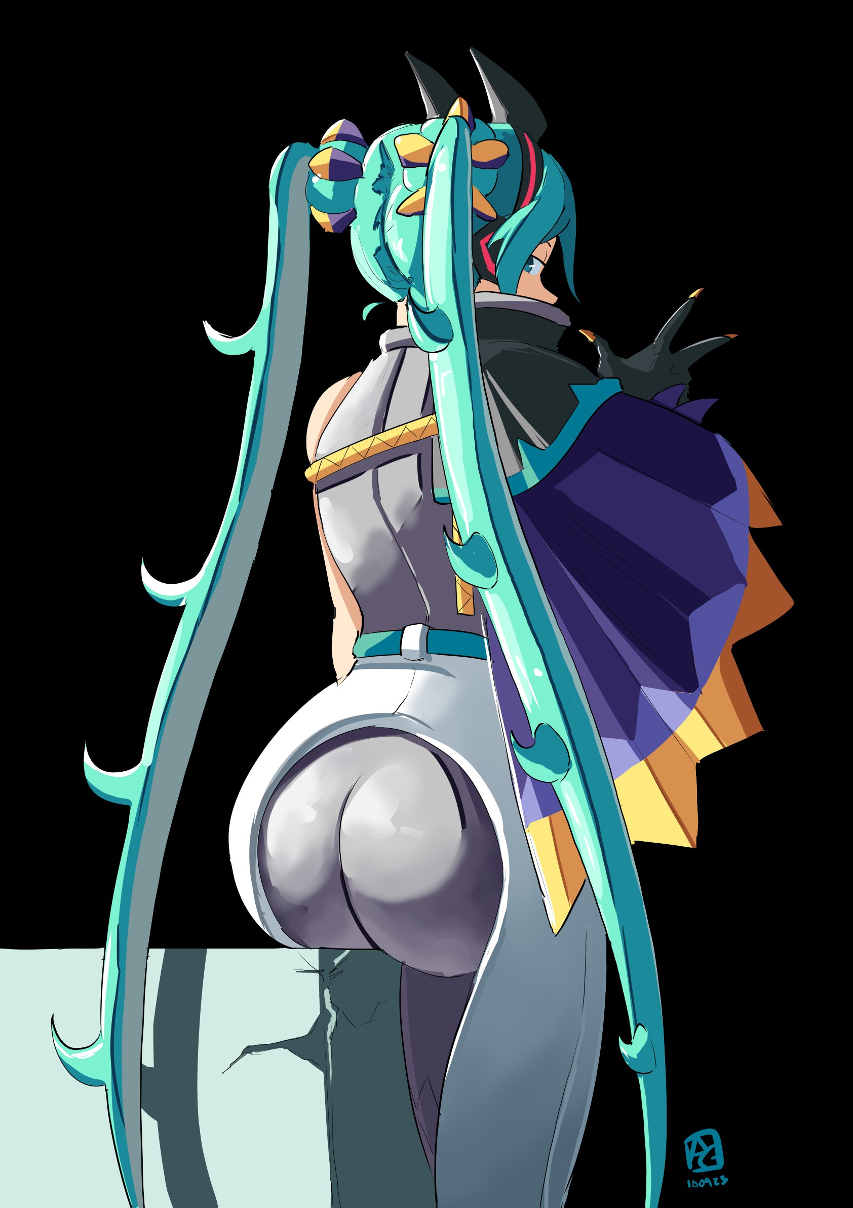1girl, 1girls, aqua hair, ass, automatic giraffe, big ass, big butt, black background, black gloves, bodysuit, crossover, fat ass, female, female only, from behind, gloves, hatsune miku, hatsune miku (dragon-type trainer), hi res, huge ass, huge butt, large ass, light skin, light-skinned female, long hair, pokemon, project voltage, solo, tagme, thick ass, twintails, very long hair, vocaloid