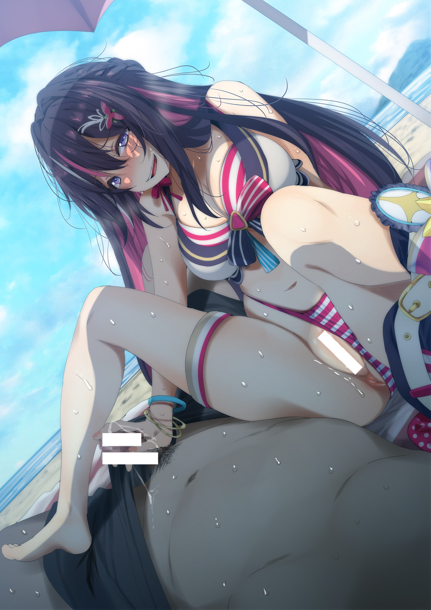 1boy 1girls anus azki_(hololive) bar_censor bare_shoulders bikini bikini_bottom_aside black_hair blush breasts censored clothing_aside colored_inner_hair cum cum_on_fingers cum_on_hands fat_man female fumihiko_(pixiv2658856) hair_between_eyes handjob highres hololive hololive_gen_0 hololive_japan large_breasts light-skinned_female light-skinned_male light_skin long_hair looking_at_viewer multicolored_hair open_mouth outside penis pink_hair purple_eyes pussy smile solo_focus straight streaked_hair sweat swimsuit virtual_youtuber