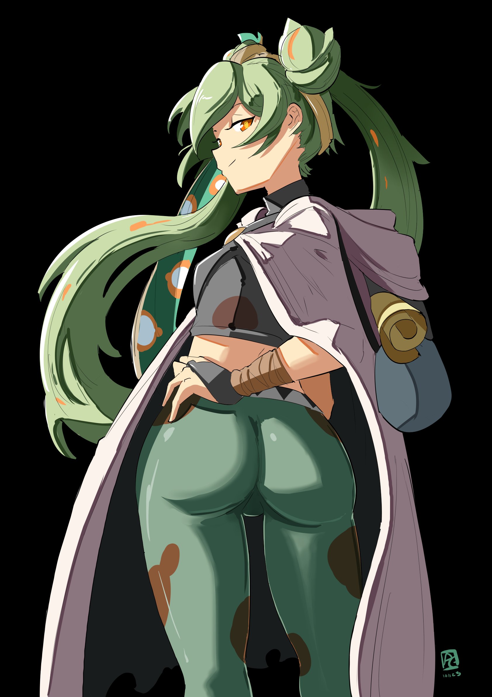 1girl, 1girls, ass, automatic giraffe, bag, big ass, big butt, black background, bridal gauntlets, cape, cloak, closed mouth, crop top, crossover, double bun, female, female only, from behind, green hair, green pants, hair bun, hand on hip, hatsune miku, hatsune miku (ground-type trainer), hi res, hood, light skin, light-skinned female, long hair, looking at viewer, looking back, orange eyes, pants, pokemon, project voltage, simple background, smile, solo, tagme, twintails, vocaloid