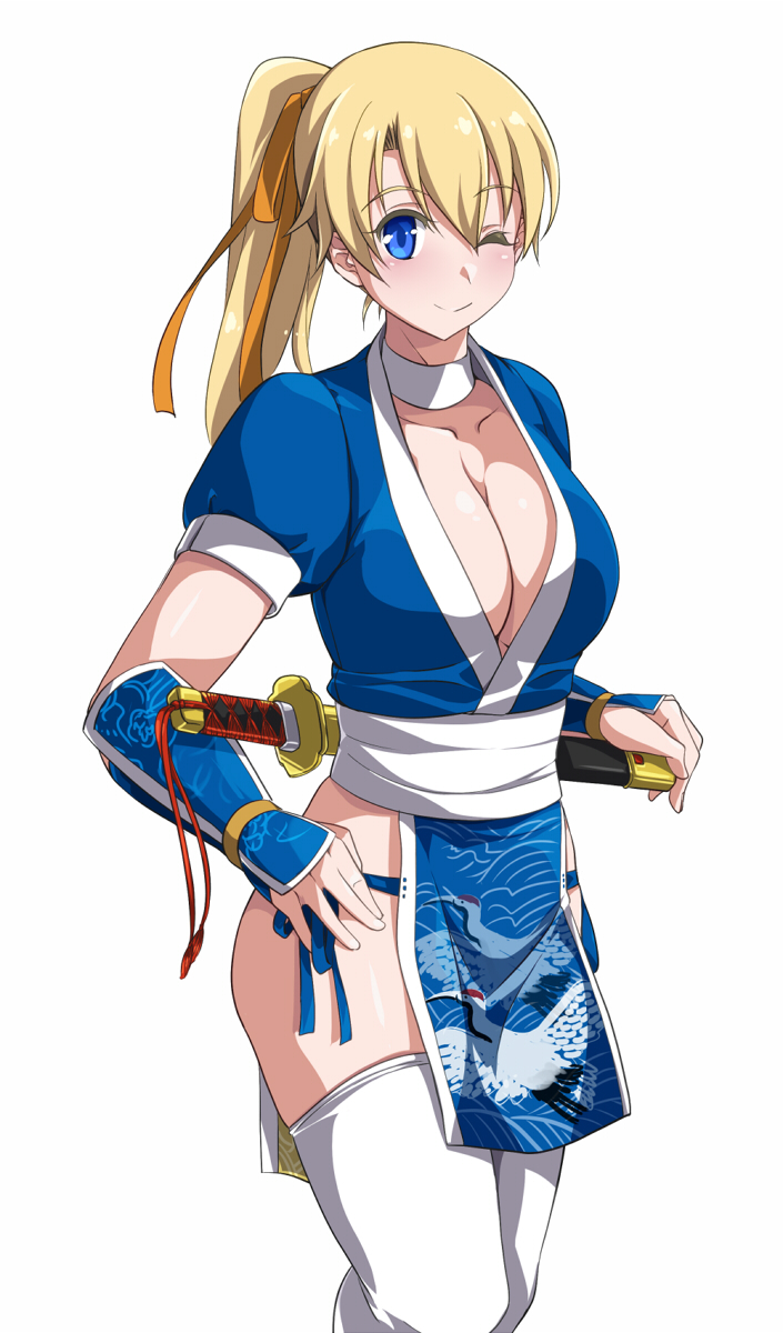 alice_gear_aegis blonde_hair blue_eyes breasts cleavage clothing cosplay dead_or_alive female halterneck high_resolution highleg highleg_leotard kasumi_(doa) kasumi_(doa)_(cosplay) large_breasts legwear leotard merabuchi_kanami naked_under_clothes no_bra no_panties no_underwear nude_underneath one_eye_closed ponytail smile solo sword tied_hair weapon wink yukitaka