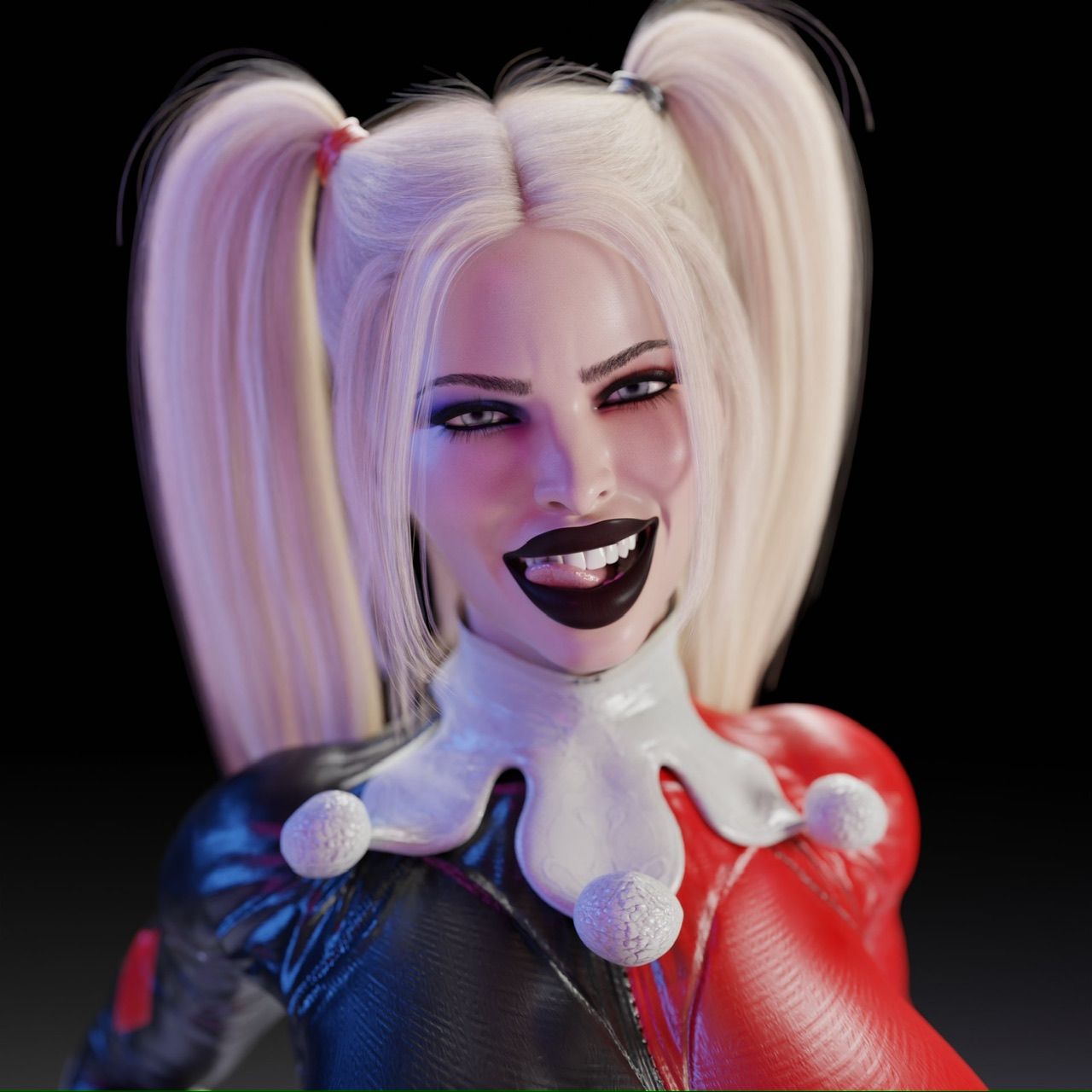 1girls, 3d, 3d (artwork), batman (series), big breasts, blonde hair, blue eyes, bodysuit, breasts, dc, dc comics, female, female only, hair, harley quinn, harley quinn (classic), jackerman, licking own lips, light skin, light-skinned female, lips, lipstick, makeup, seductive look, solo
