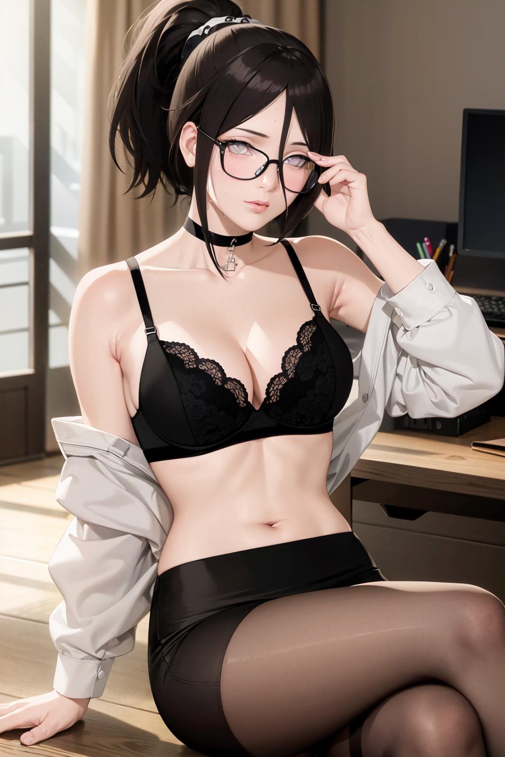 1girls, ai generated, black choker, black hair, blue eyes, boruto: naruto next generations, bra, breasts, choker, cute, cute face, female, female only, hyuuga hanabi, looking at viewer, naruto, naruto (series), naruto shippuden, office, office lady, pantyhose, rindo192, skirt, solo, solo female, stable diffusion, white shirt