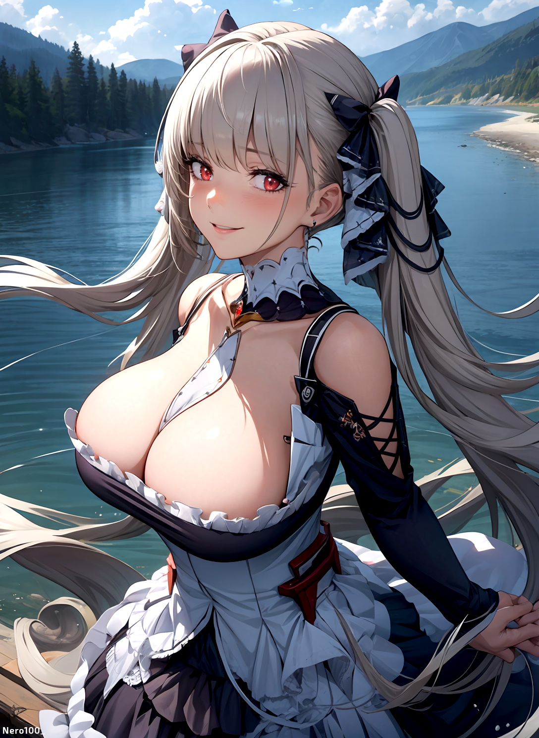 1girls, ai generated, ass, athletic, athletic female, azur lane, big breasts, black dress, breasts, cleavage, collar, cowboy shot, curvy, curvy figure, cute, detailed, dress, eyelashes, female, female only, fit, fit female, formidable (azur lane), hair ornaments, hair ribbon, high quality, horny, huge breasts, large breasts, light hair, light skin, light-skinned female, lipstick, long hair, looking at viewer, mascara, massive breasts, mature, mature female, milf, no bra, pale skin, pale-skinned female, posing, red eyes, seductive, seductive eyes, seductive look, side view, sidelocks, skirt, sleeves, solo, stable diffusion, tagme, thick ass, thick legs, thick thighs, tied hair, twintails, very long hair, white hair, young