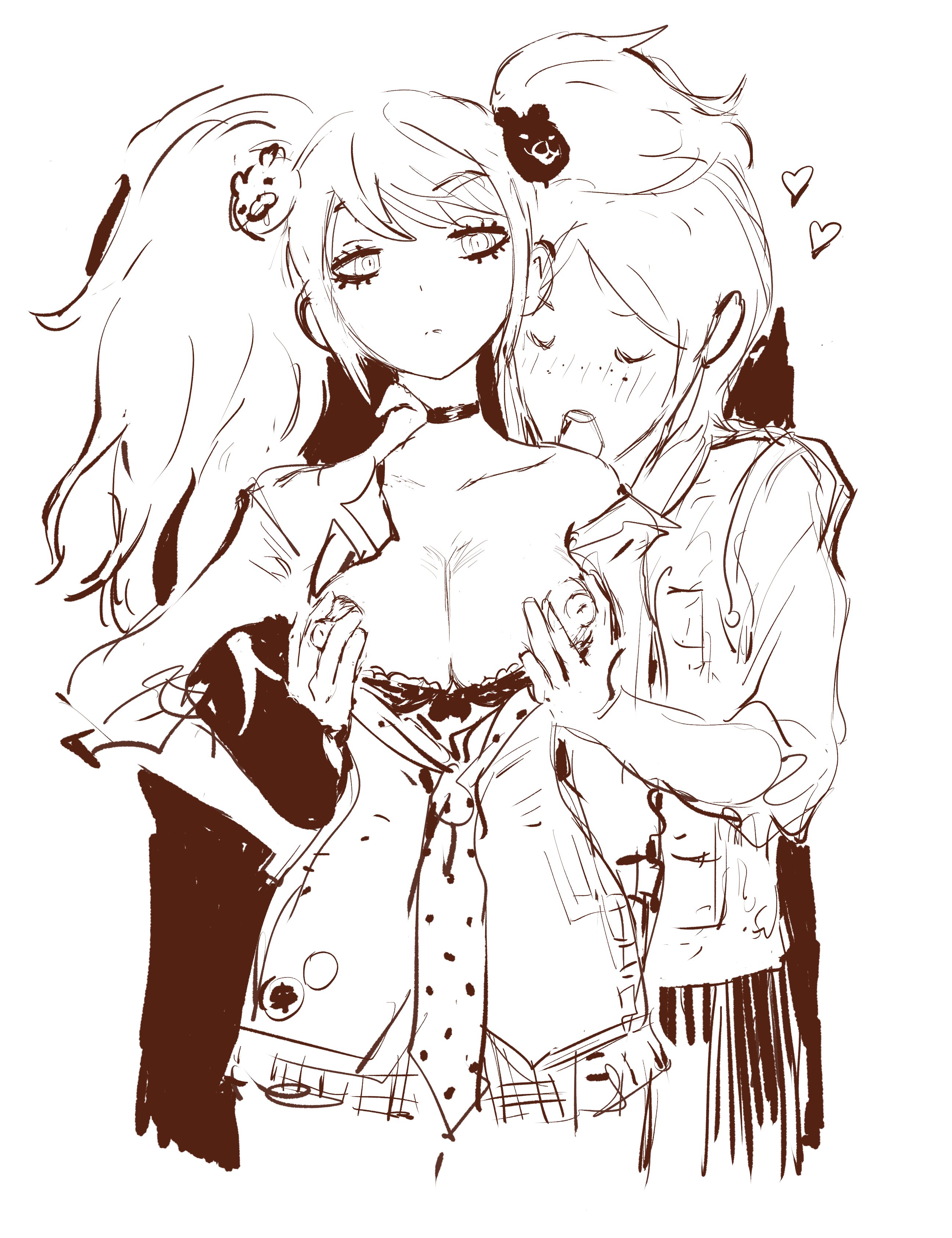 breasts, danganronpa, danganronpa: trigger happy havoc, female, female only, grope, groping, groping breast, groping from behind, incest, junko enoshima, lesbian sex, licking, licking neck, lirthel, mukuro ikusaba, playing with breasts, sisters, tits out
