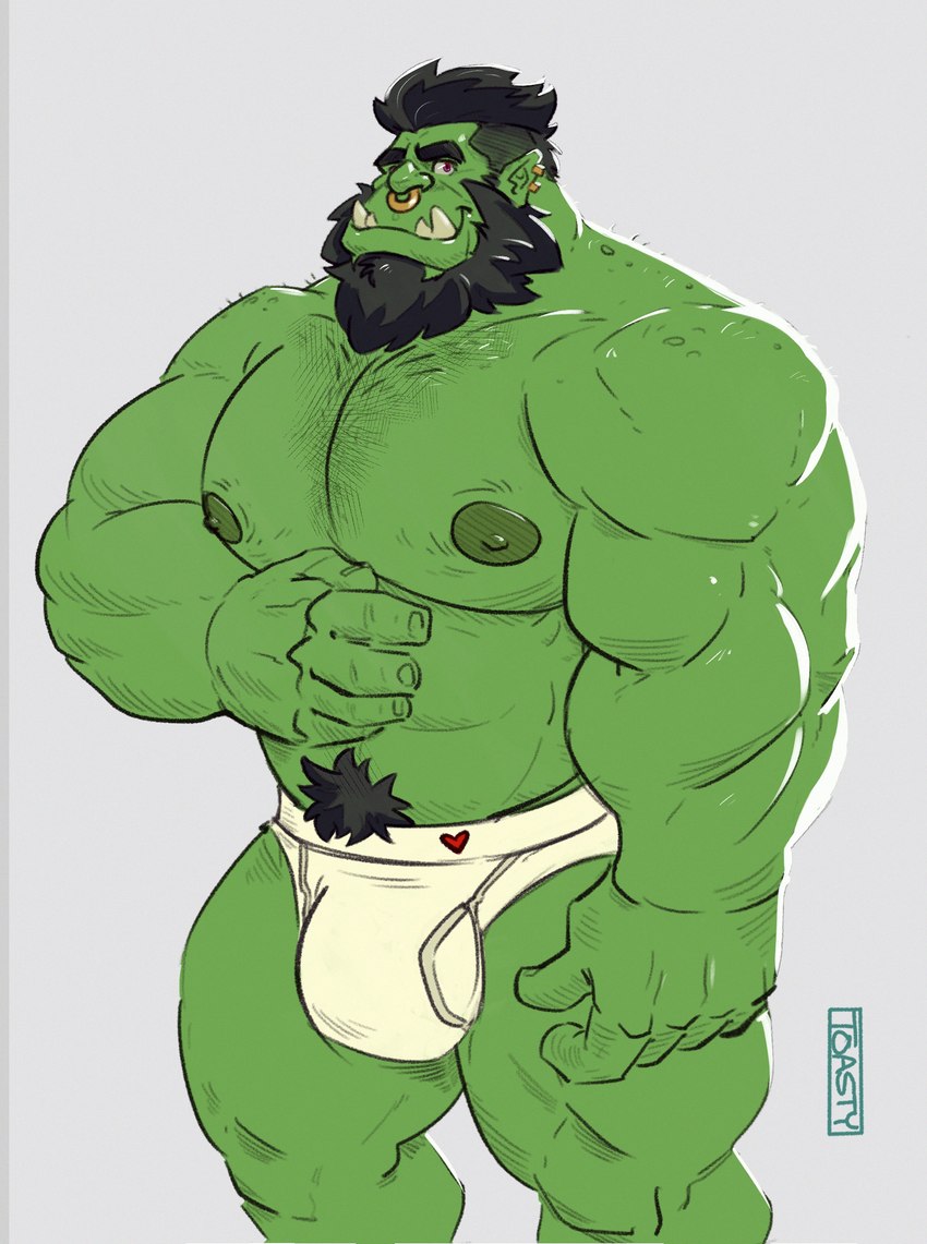 abs big_pecs black_hair buff gay green_skin male male_only man_boobs moobs muscular orc orc_male pecs pubic_hair smiling solo_male toastyfuzzbuns