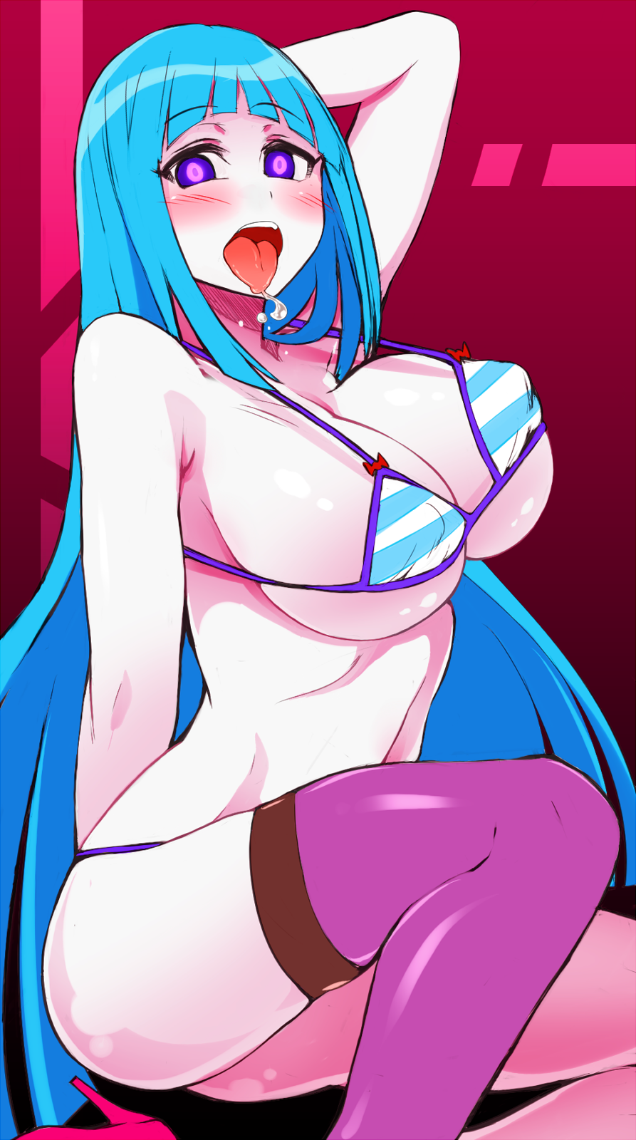 1girls arm_up blue_hair blush bra breasts dripping dripping_saliva high_heels large_breasts lingerie lingerie_only long_hair looking_at_viewer me!me!me! meme_(me!me!me!) nipples_visible_through_clothing open_mouth panties purple_eyes roki_(hirokix) saliva saliva_drip sex_crazed solo thighhighs thighs tongue tongue_out underwear