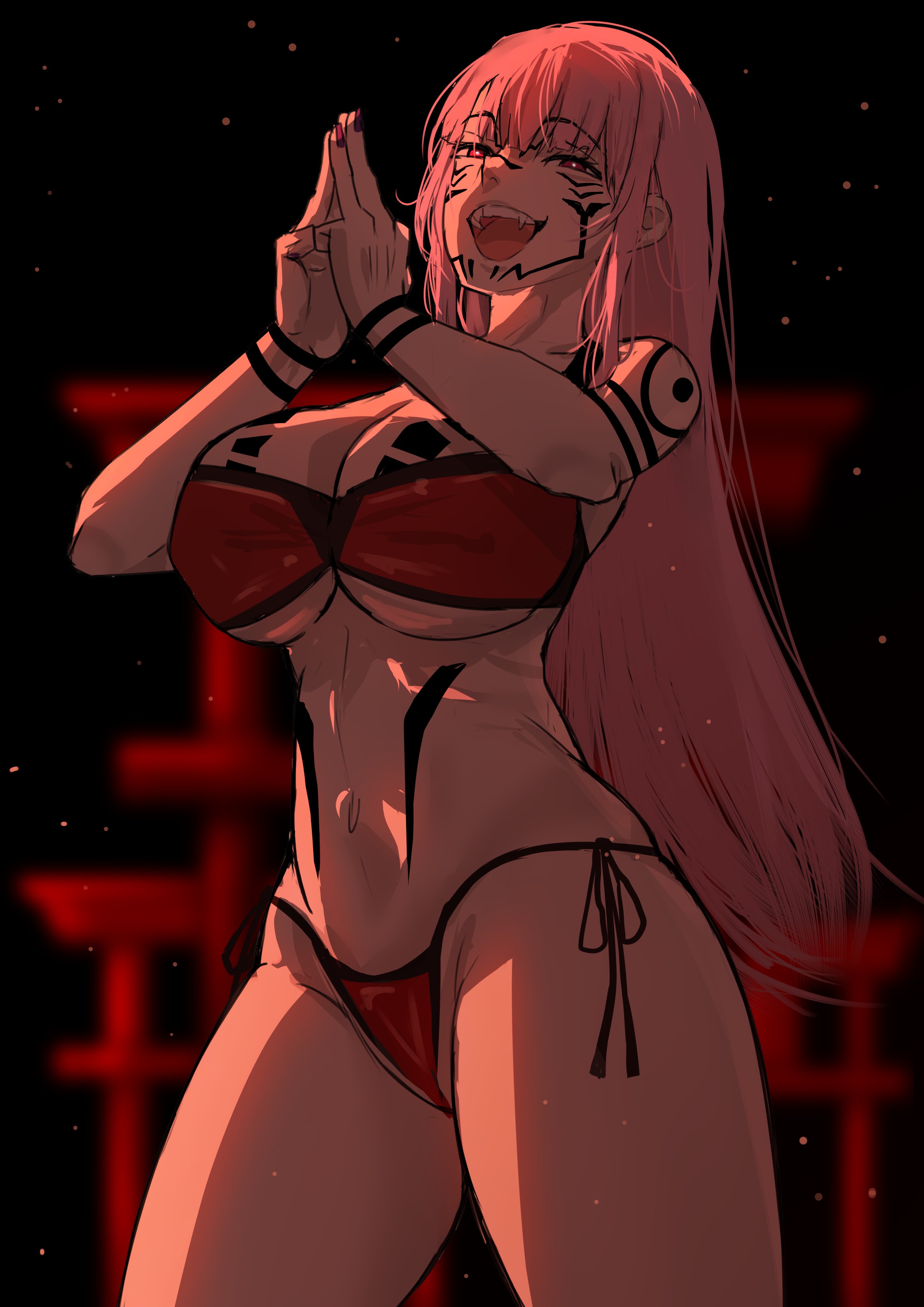 1girls, anime, big breasts, bikini, breasts, cosplay, fangs, female, female only, genderswap, genderswap (mtf), globglob, hololive, hololive english, hololive myth, jujutsu kaisen, large breasts, light skin, light-skinned female, long hair, looking at viewer, manga, midriff, mori calliope, navel, pink hair, possessed, possession, rule 63, ryoumen sukuna (jujutsu kaisen), sadistic, sadistic female, sadistic smile, sharp teeth, solo, solo female, solo focus, tattoo, tattoos, thighs, virtual youtuber