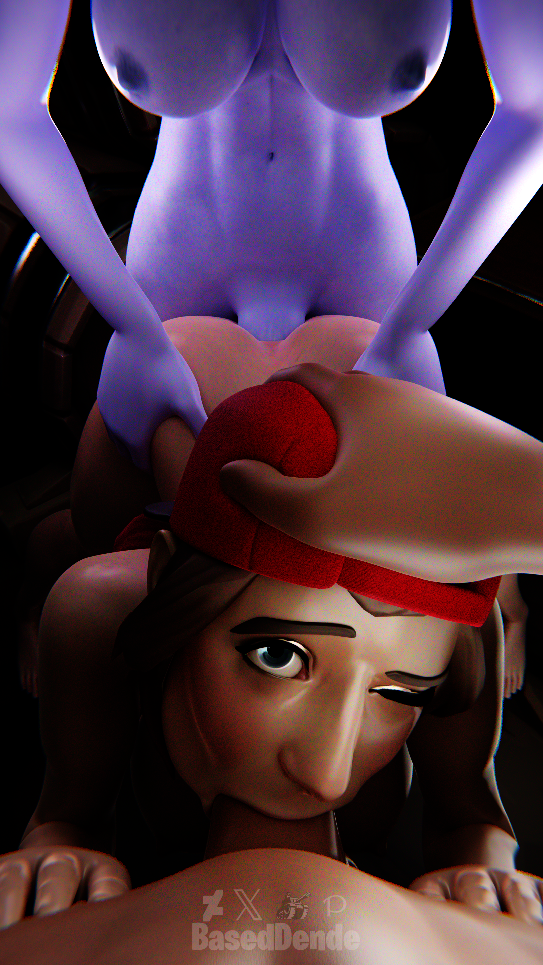 1girls, 2futas, 3d, 3d (artwork), anal, baseddende, beach bomber, blender (software), blue eyes, brite bomber, brown hair, dark bomber, female, fortnite, fortnite: battle royale, futa on female, futanari, intersex, loserfruit, purple-skinned futa, spitroast, tagme, threesome