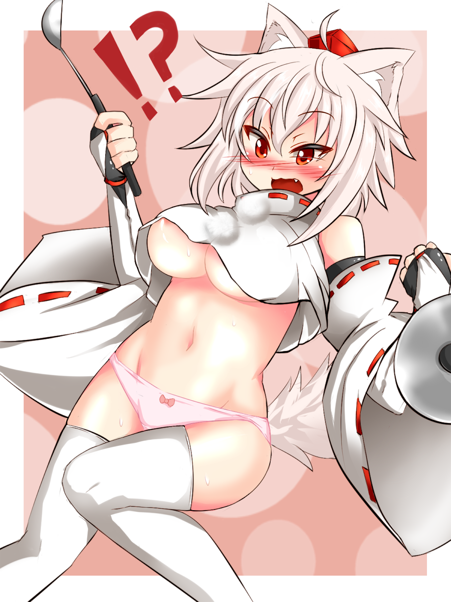 1girls ahoge animal_ear_fluff animal_ears animal_tail areola_slip belly_button blush breasts crop_top detached_sleeves fingerless_gloves gloves hat inubashiri_momiji ladle momiji_inubashiri navel open_mouth panties pink_panties red_eyes roki_(hirokix) shield short_hair solo sweat tail thighhighs thighs touhou underboob underwear white_hair wolf_ears wolf_girl wolf_tail