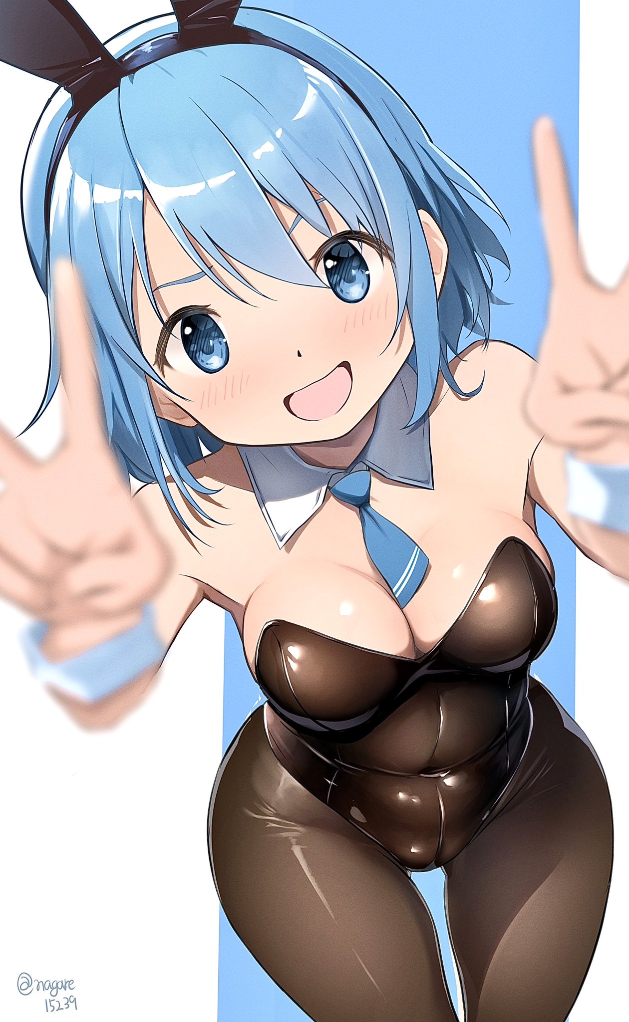 1girls, blue eyes, blue hair, breasts, bunny ears, bunnysuit, collar, cute, double peace sign, female, female focus, female only, hip grab, looking at viewer, magic user, magical girl, mahou shoujo madoka magica, medium breasts, miki sayaka, nagare (flow), open mouth, puella magi madoka magica, short hair, slim waist, solo, solo female, solo focus, thighs, wide hips