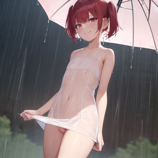 1boy, ai generated, balls, crossdressing, femboy, male, raining, red eyes, red hair, see-through clothing, short hair, sundress, trap, twintails, umbrella, wet, wet clothes