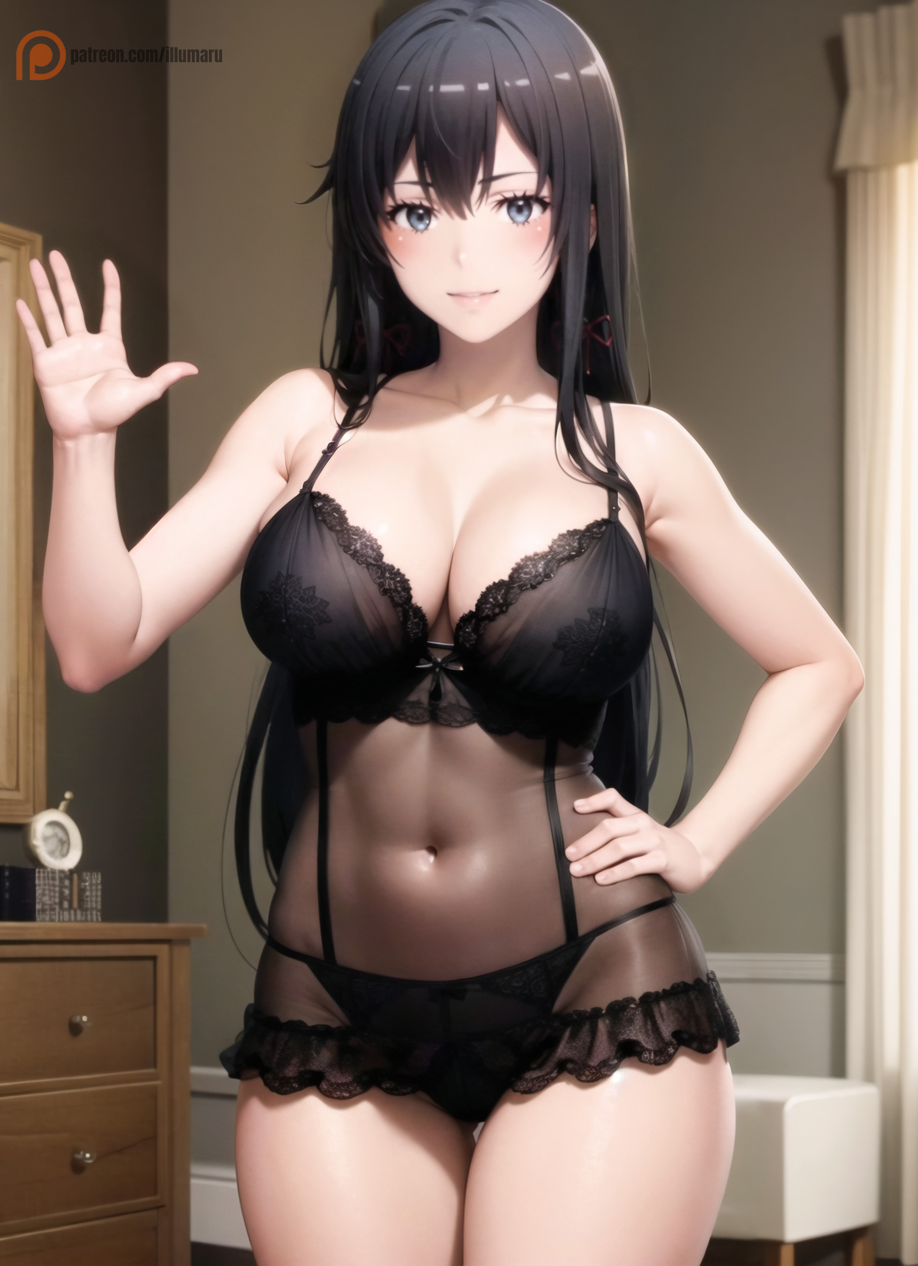 2023, ai generated, bangs, bare shoulders, black hair, blue eyes, blush, bra, breasts, cameltoe, detailed, dress, female, female only, hand on hip, hi res, high resolution, illumaru, knees together, large breasts, lingerie, long hair, looking at viewer, medium breasts, midriff, my teen romantic comedy snafu, navel, night, night dress, panties, pantsu, pussy, see-through, see-through clothing, smile, smiling, solo, stable diffusion, standing, thick thighs, underwear, yukinoshita yukino