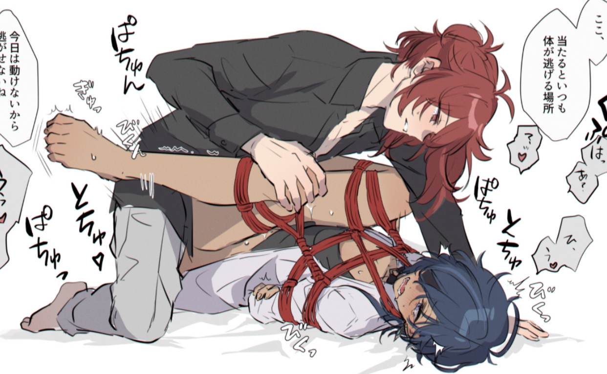 2boys, artist request, blue eyes, blue hair, blush, crying, crying with eyes open, diluc (genshin impact), drooling, gay, gay sex, genshin impact, holding legs, incest, kaeya (genshin impact), male, male only, male rape victim, male/male, rape, scared, tan body, tied up