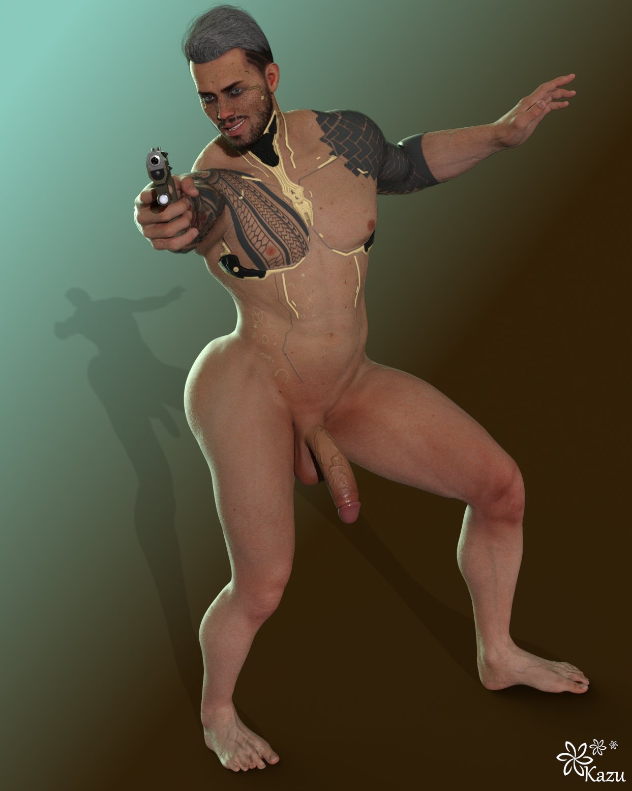 1boy 1human 1male 3d 3d_(artwork) 3d_model aiming_weapon asian big_ass big_butt blue_eyes bubble_ass bubble_butt caked_up cd_projekt_red cyberpunk_2077 dumptruck_ass dumptruck_butt erect_penis erection filipino firearm gray_hair grinning gun kazuworks kerry_eurodyne male male_focus male_only muscles muscular muscular_male sandals solo solo_focus solo_male tan_skin tan_skinned_male tattoo_on_arm tattoo_on_chest tattooed_arm veiny_penis