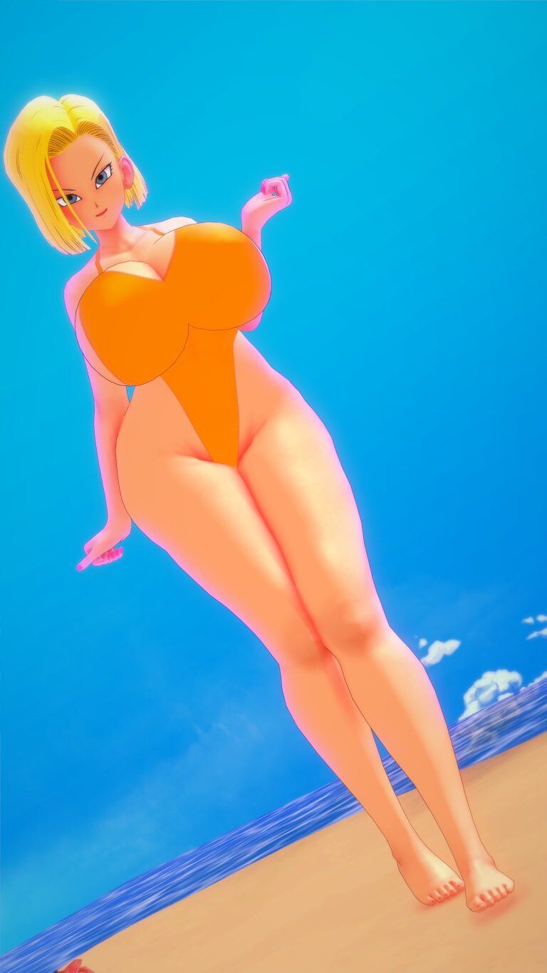 1girls android_18 beach big_breasts big_thighs blonde_hair blue_eyes breasts busty codeyumi dragon_ball female female_only huge_breasts huge_thighs koikatsu large_breasts large_thighs solo solo_female swimsuit thick_thighs thighs voluptuous