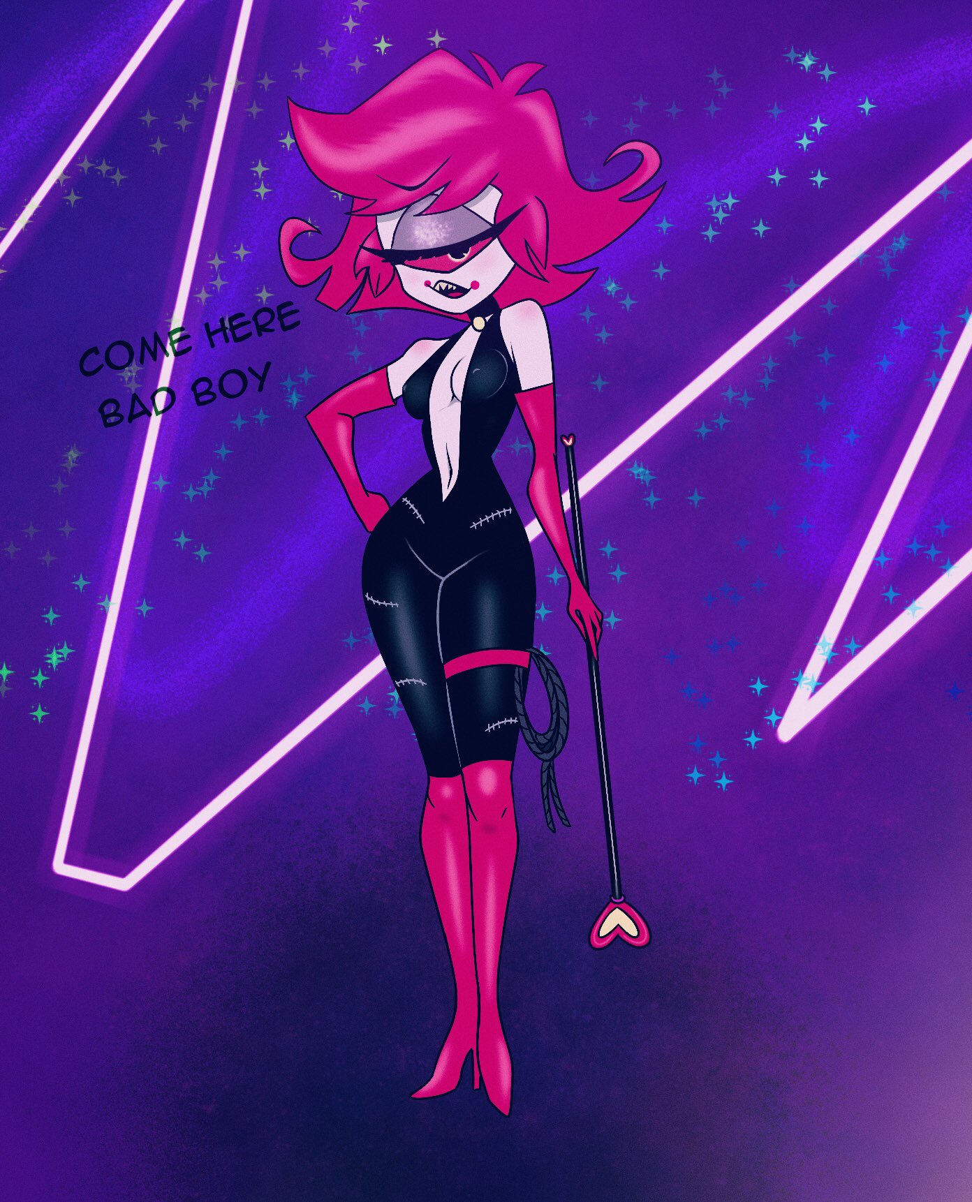 bdsm, boots, dominatrix, female, femdom, hazbin hotel, high heel boots, high heels, looking at viewer, niffty, seductive look, tagme, vivienne medrano, vivziepop, whip
