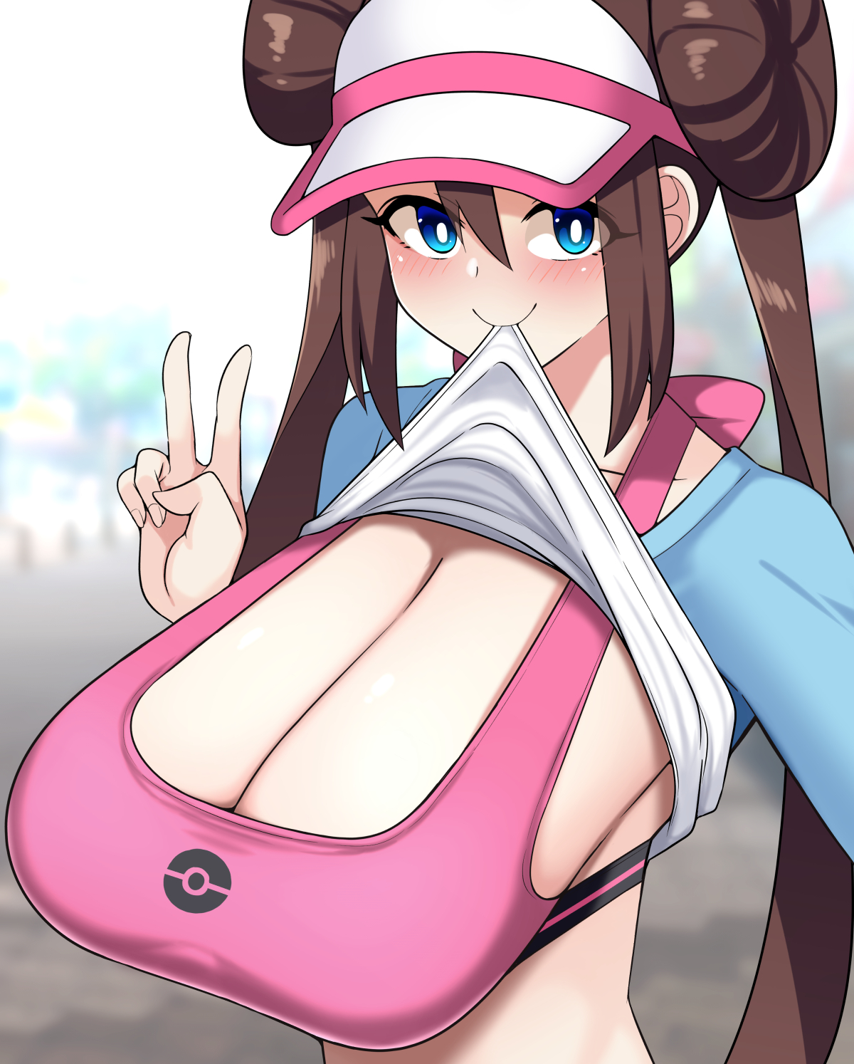 1girls, big breasts, blue eyes, blush, breast focus, breasts, brown hair, cleavage, double bun, female, female only, game freak, hair, headwear, huge breasts, kurorettsu, large breasts, peace sign, pokemon, pokemon bw, rosa (pokemon), shirt, shirt lift, shirt up, smile, solo, solo female, sports bra, sportswear, topwear, twintails, visor, visor cap, white shirt
