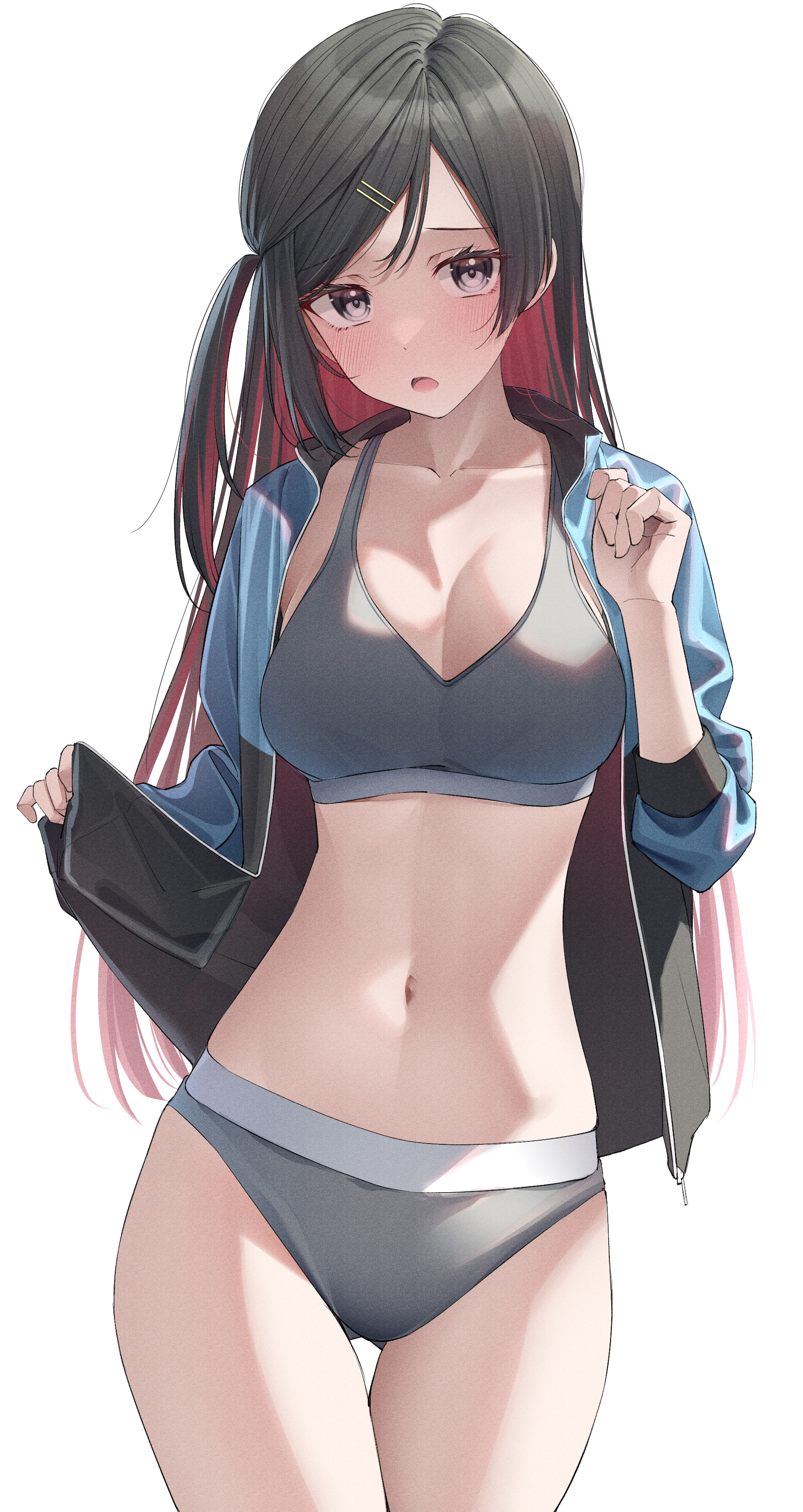 1girls, armpits, bare arms, bare legs, bare midriff, bare shoulders, bare thighs, belly, belly button, black bra, black hair, black panties, black underwear, blush, bra, breasts, cleavage, clothing, collarbone, embarrassed, female, female focus, female only, hairclip, hand up, hourglass figure, jacket, kawai ritsu (rits meg), legs together, light skin, long hair, looking at viewer, love live!, love live! nijigasaki high school idol club, matching underwear, medium breasts, navel, nervous, open mouth, panties, purple eyes, red hair, shy, simple background, slender body, slender waist, slim female, slim waist, solo, sports bra, sports panties, swimsuit, thin waist, underwear, white background, wide hips, yuuki setsuna (love live!)