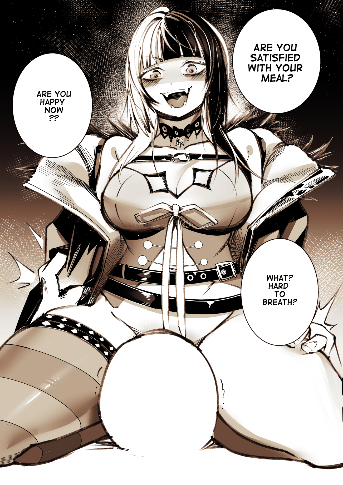 1boy, 1girls, asymmetrical legwear, black and white, breasts, clothing, facesitting, fangs, female, hololive, hololive english, hololive english -advent-, implied oral, large breasts, male, shiori novella, tagme, thick thighs, two-tone hair, virtual youtuber, xx2iro