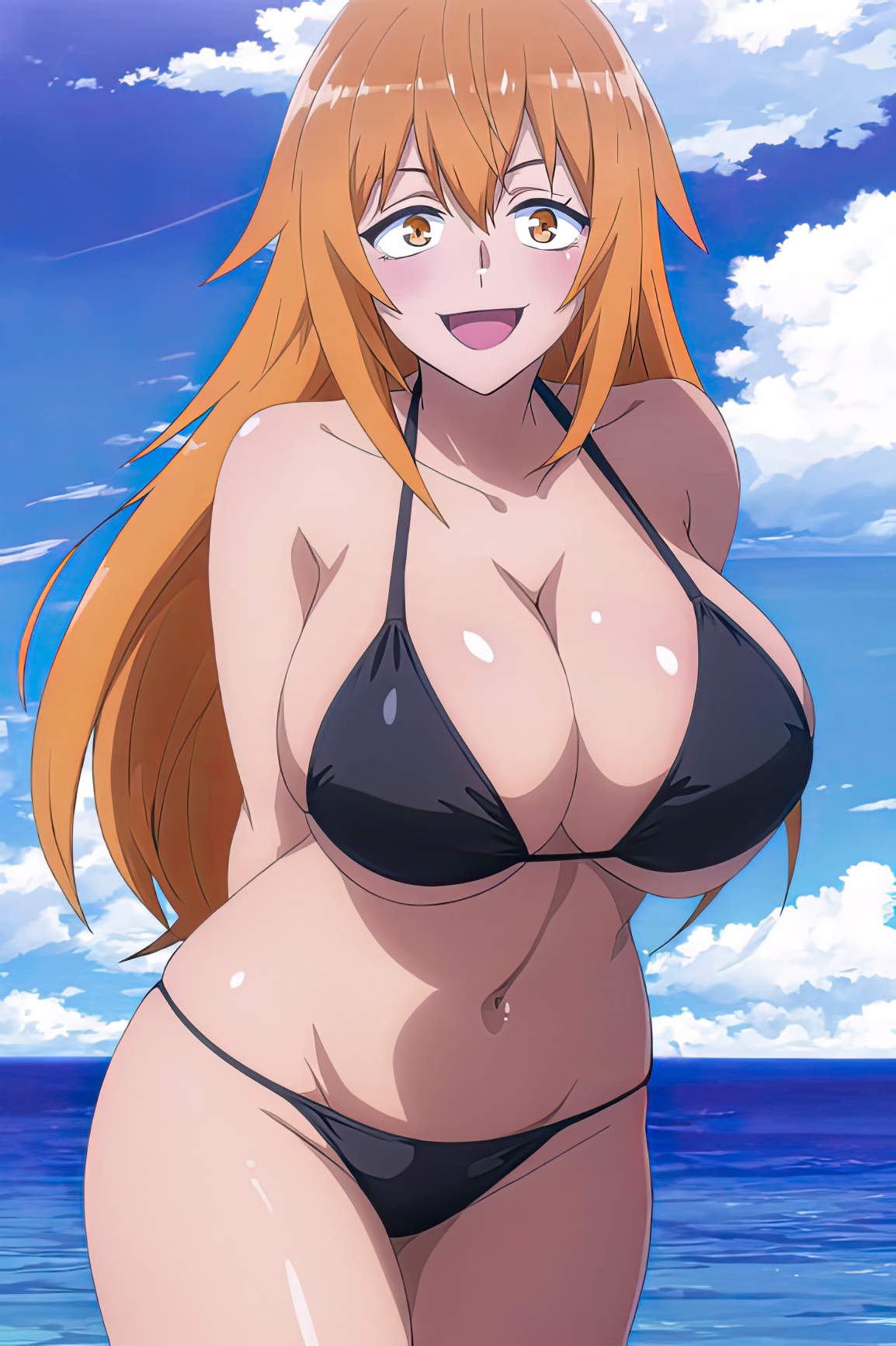 1girls, ai generated, arms behind back, beach, big breasts, bikini, black bikini, breasts, female, gamo-chan, looking at viewer, please don't bully me, nagatoro, sea, solo, solo female