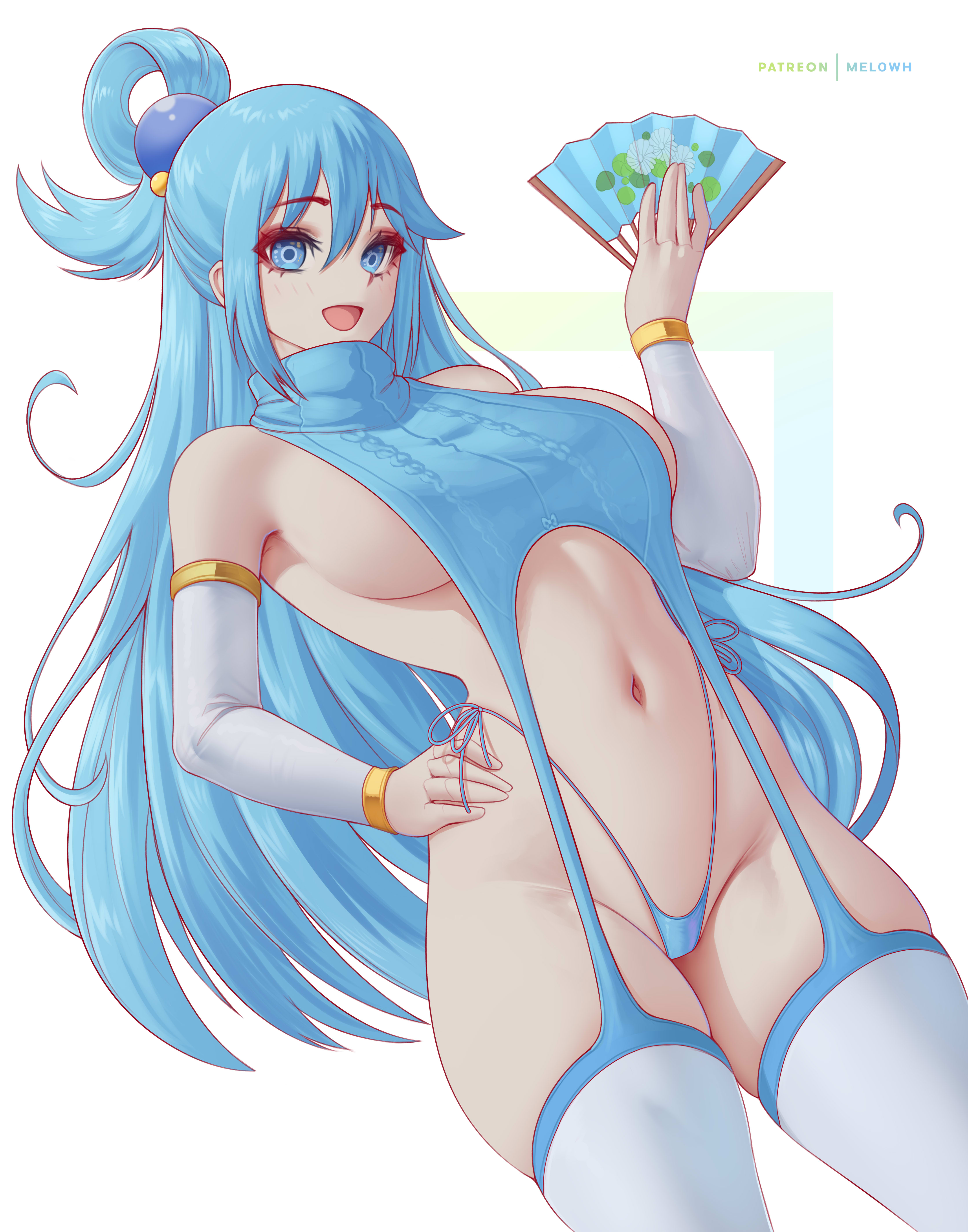 1girls, aqua (konosuba), blue eyes, blue hair, breasts, female, female only, kono subarashii sekai ni shukufuku wo!, large breasts, light skin, light-skinned female, long hair, melowh, thick thighs, virgin destroyer sweater, wide hips