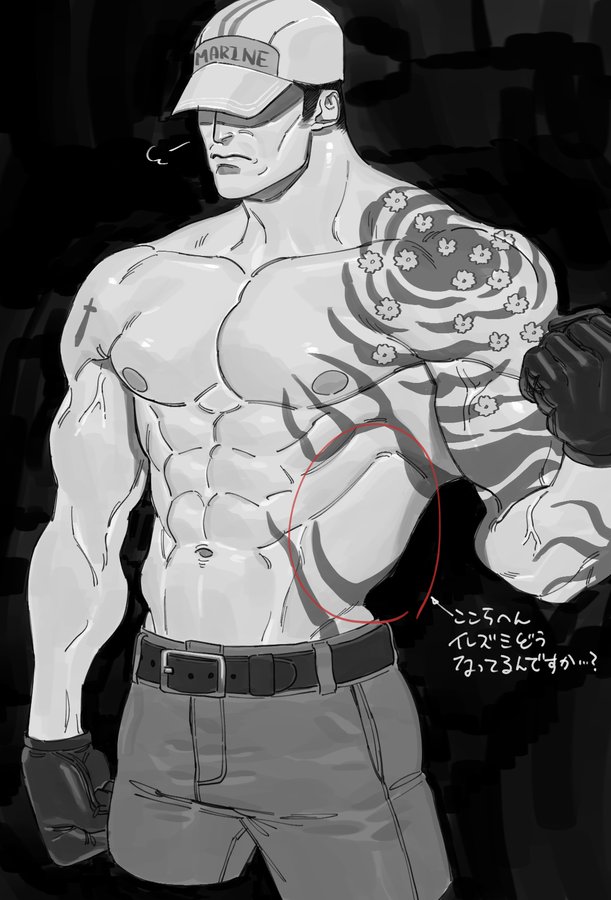 admiral akainu annoyed annoyed_expression bara_tits belt belt_buckle chest_tattoo clenched_hand covered_eyes cowboy_shot dilf eyes_hidden fist hat human human_only irezumi japanese_text leather leather_belt leather_gloves legs_apart male male_nipples male_only marine_(one_piece) mature mature_male monochrome muscular muscular_abs muscular_arms muscular_body muscular_build muscular_male muscular_pecs muscular_thighs nipples one_piece shaded_face shoulder_tattoo solo standing tattoo tattoo_on_arm tattoos topless topless_male translation_request tsai_iii veins