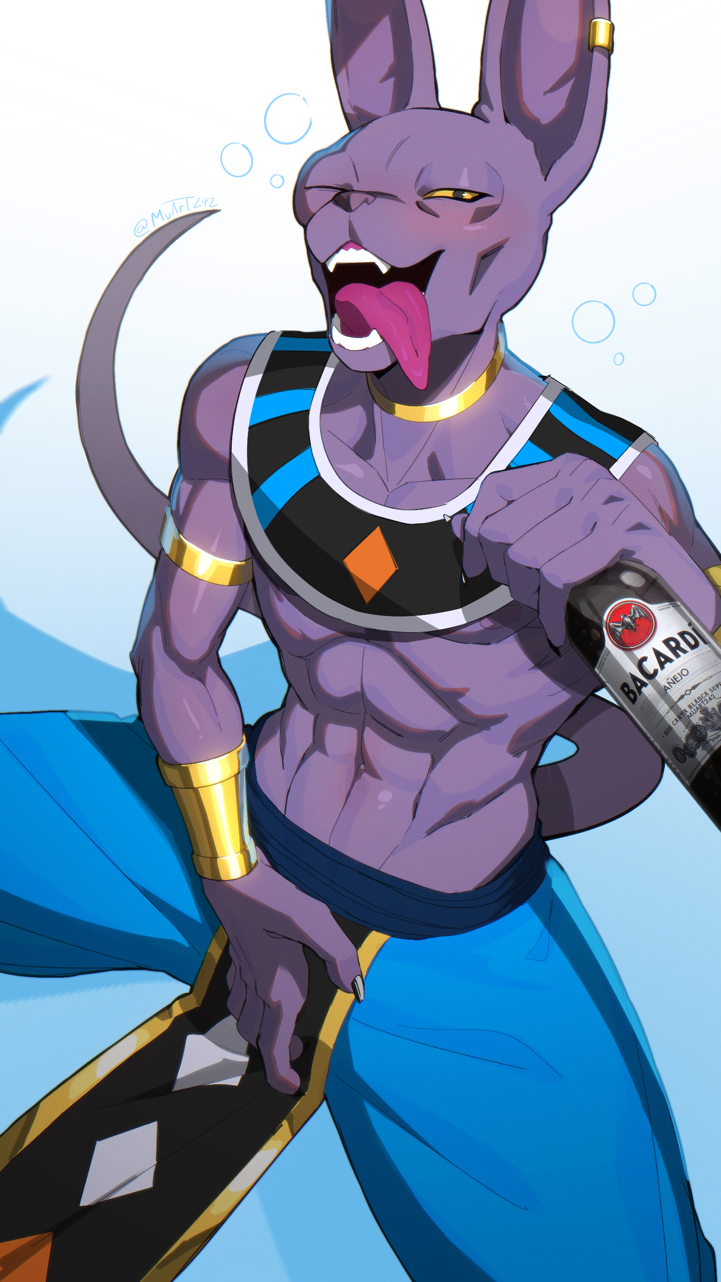 1boy, 5 fingers, abs, alcohol bottle, anthro, anthro only, aroused, artist name, beerus, choker, clothed, dragon ball, dragon ball super, drunk, drunk bubble, ear piercing, fangs, feline, god of destruction, gold jewelry, hand on crotch, hi res, highres, holding object, long ears, looking at viewer, male, male only, muart242, muscles, muscular, muscular male, no visible genitalia, one eye closed, open mouth, piercing, simple background, sitting, smile, solo, tail, tongue, tongue out, yellow sclera