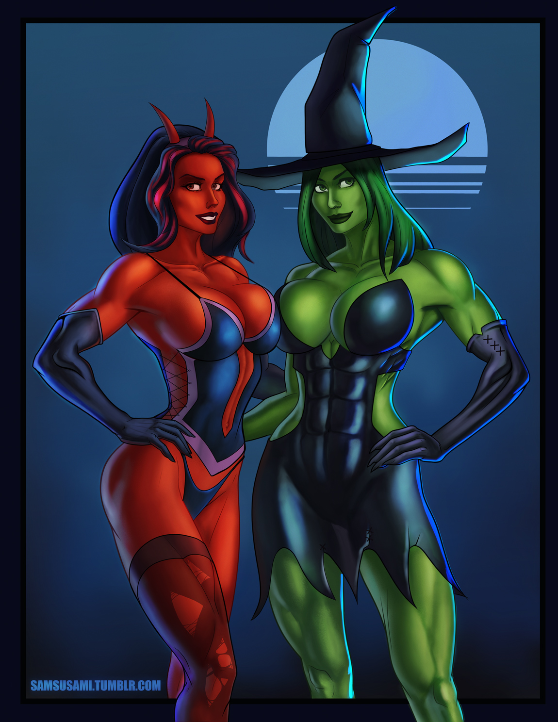 2d, 2girls, abs, armpits, big breasts, black hair, breasts, cleavage, corset, costume, devil, devil costume, devil horns, dress, duo, elbow gloves, female, female only, full moon, fully clothed, gloves, green eyes, green hair, green lips, green skin, green-skinned female, halloween, hand on hip, hat, highlights, hips, horns, huge breasts, hulk (series), large breasts, legs, lips, long gloves, long hair, marvel, marvel comics, moon, multiple females, multiple girls, muscle tone, muscles, muscular, muscular female, panties, pose, red eyes, red hair, red lips, red she-hulk, red skin, red-skinned female, revealing clothes, samcooper, she-hulk, simple background, skin tight, stockings, thick lips, thighhighs, thighs, thong, torn clothes, two-tone hair, witch, witch costume, witch hat