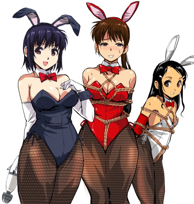 3girls arms_tied_behind_back black_hair black_leotard blue_hair bondage bondage bowtie breasts brown_eyes brown_hair bunny_ears crotch_rope detached_collar elbow_gloves fake_animal_ears fishnet_pantyhose fishnets gloves hitachi_magic_wand holding_vibrator kamisimo_90 large_breasts leotard long_hair looking_at_viewer original pantyhose ponytail purple_eyes red_leotard rope rope_between_breasts rope_bondage shibari_over_clothes short_hair small_breasts vibrator wand_vibrator white_leotard wrist_cuffs yuri