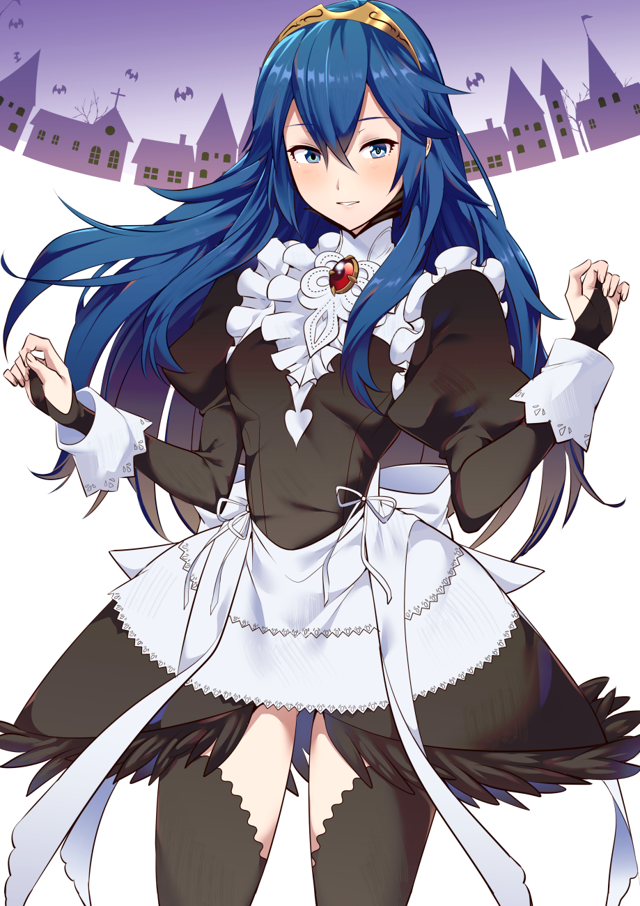 1girls alternate_costume ameno_(a_meno0) apron bad_id bad_twitter_id bare_thighs bat bat_(animal) black_dress blue_eyes blue_hair blush bow breasts collar cosplay cross dress feather_trim felicia_(fire_emblem) felicia_(fire_emblem)_(cosplay) fire_emblem fire_emblem_awakening fire_emblem_fates floating_hair frilled_collar frills gem gloves hair_between_eyes highres inner_thighs juliet_sleeves long_hair long_sleeves looking_at_viewer lucina_(fire_emblem) maid maid_apron maid_uniform nintendo parted_lips puffy_sleeves small_breasts smile solo symbol-shaped_pupils teeth thighhighs thighs tiara white_bow