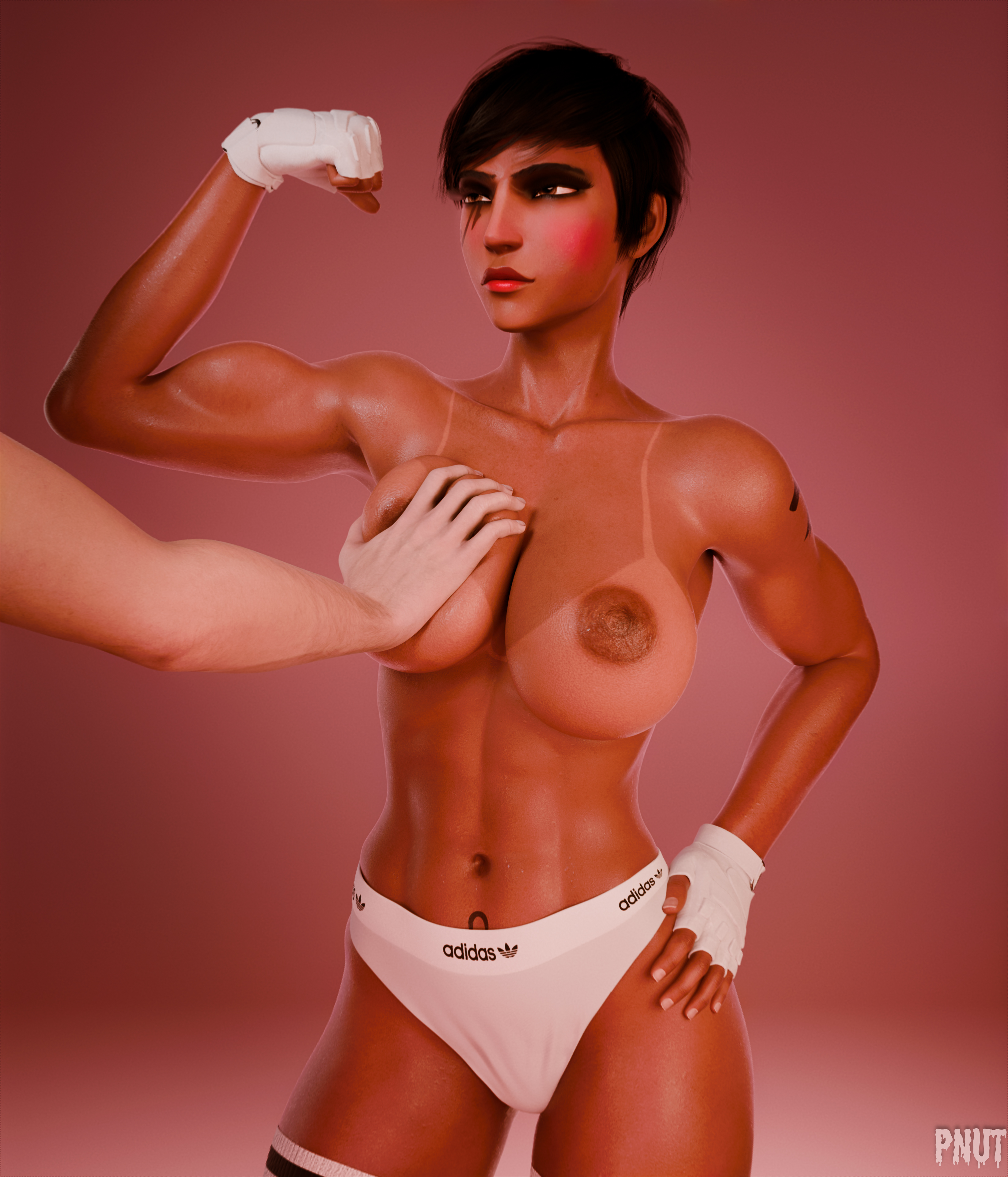 1boy, 1girls, 3d, 3d (artwork), 4k, angry, athletic, athletic female, big breasts, black hair, blender, blender (software), blizzard entertainment, blush, breast grab, breast squeeze, breasts, dark skin, dark-skinned female, embarrassed, fareeha amari, female, fingerless gloves, flexing, go on feel it (meme), half-dressed, hi res, highres, interracial, light skin, light-skinned male, male, meme, overwatch, overwatch 2, partial male, pharah, pnut, pubic tattoo, short hair, sweat, tanline, tomboy, topless, topless female, watermark