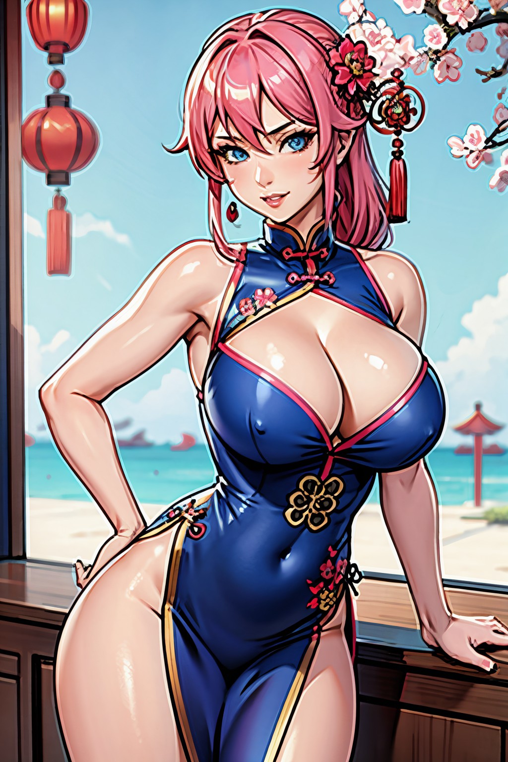 ai_generated blue_eyes chinese_new_year cleavage huge_breasts pink_hair qipao yodayo