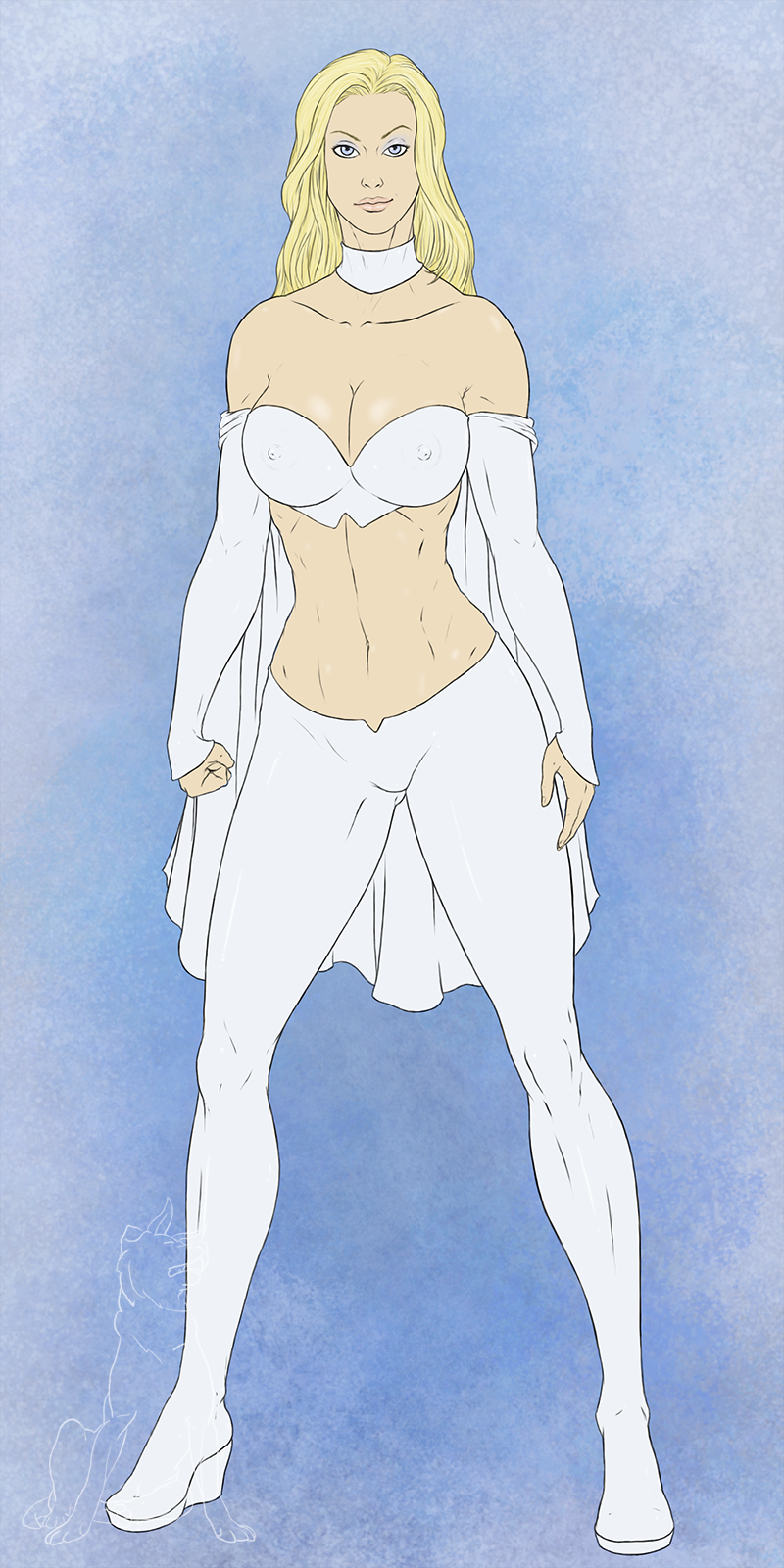 1girls big_breasts blonde_hair blue_eyes breasts choker digital_drawing_(artwork) emma_frost female female_only fit fit_female hornodoggo human human_only large_breasts light-skinned_female light_skin marvel marvel_comics mature mature_female midriff nipple_bulge white_queen x-men