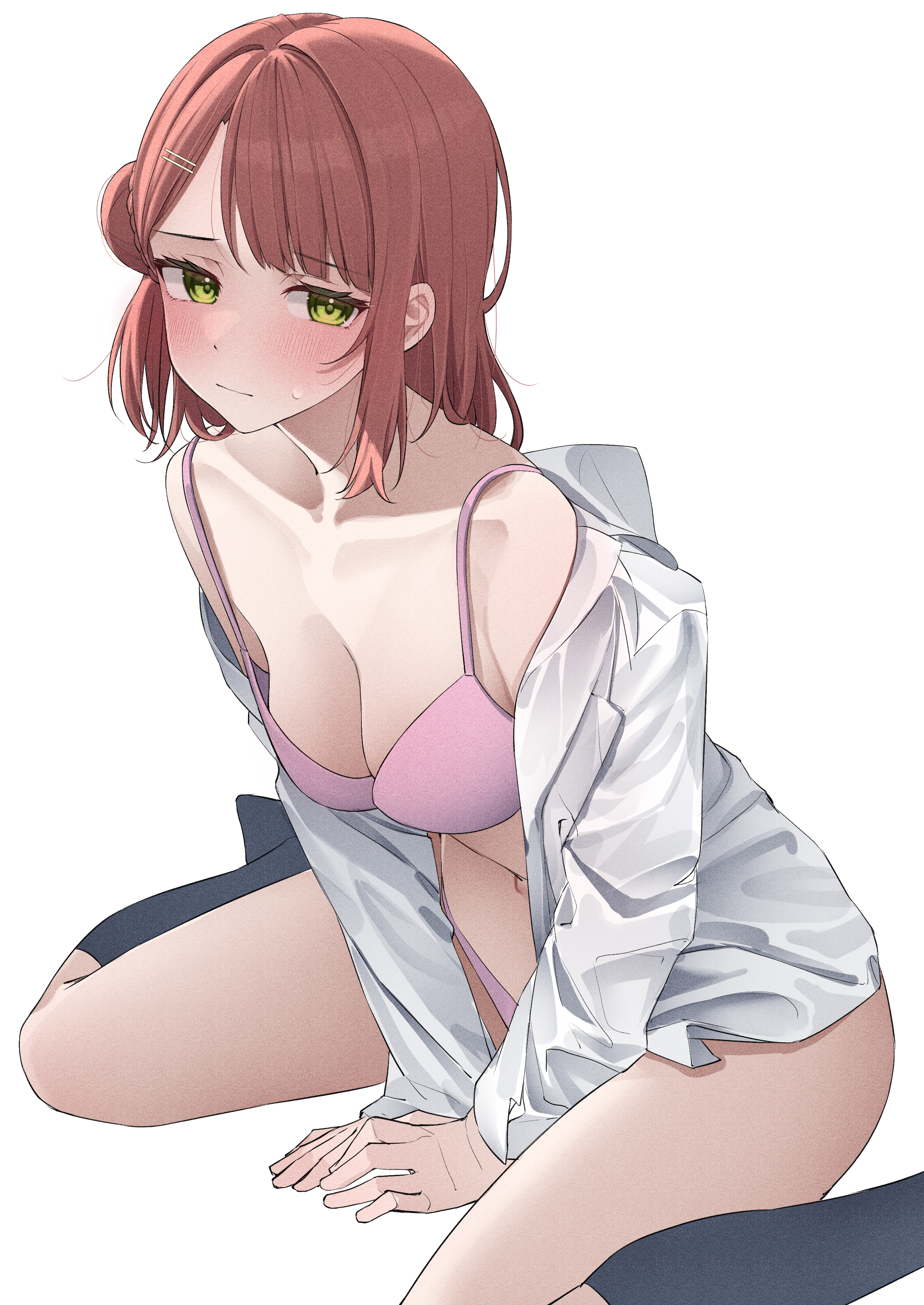 1girls, armpits, bare arms, bare legs, bare midriff, bare shoulders, bare thighs, belly, belly button, blush, bra, breasts, brown hair, cleavage, clothing, collarbone, embarrassed, female, female focus, female only, green eyes, hairclip, hanging breasts, hourglass figure, kawai ritsu (rits meg), light skin, long hair, looking at viewer, love live!, love live! nijigasaki high school idol club, m legs, matching underwear, medium breasts, navel, nervous, panties, pink bra, pink panties, pink underwear, shirt, shy, sideboob, simple background, sitting, slender body, slender waist, slim female, slim waist, socks, solo, spread legs, straight hair, swimsuit, thick thighs, thighs, thin waist, uehara ayumu, underwear, white background, white shirt, wide hips