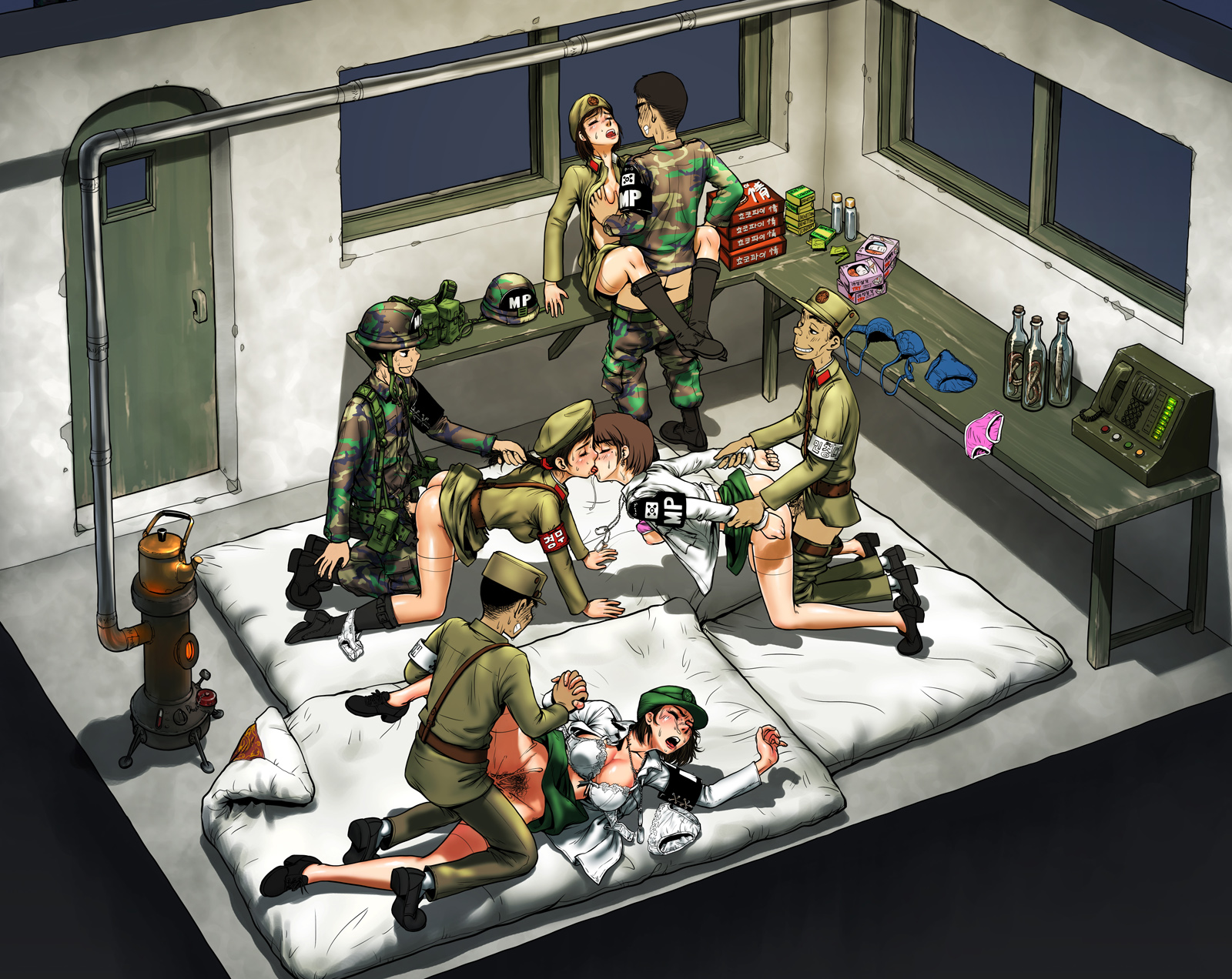 4boys, 4girls, all fours, arms behind back, arms held back, back, black hair, blue bra, blue panties, boots, bra, bra lift, bra pull, bra removed, breast grab, breasts, brown hair, calf boots, camo, clothed sex, condom, crying, cum, cum in pussy, dog tags, doggy style, dress shirt, female, female soldier, from behind, gangbang, gogocherry, green shirt, green skirt, group sex, hair pull, hand holding, holding hands, interlocked fingers, interracial, kissing, leg lock, male, mass rape, mattress, military uniform, multiple boys, multiple females, multiple girls, multiple males, nipples, no bra, no panties, open bra, open clothes, open mouth, open shirt, orgasm, orgy, panties, panties around ankle, panties around one leg, panties removed, penis, pink bra, pink panties, pleasure face, prison guard position, pubic hair, pussy, rape, sex, shirt, skirt, skirt lift, smile, soldier, spread legs, straight, sweat, swingers, tears, thighhighs, unbuttoned, uncensored, underwear, uniform, vaginal, white bra, white panties, white shirt, window, wrist grab