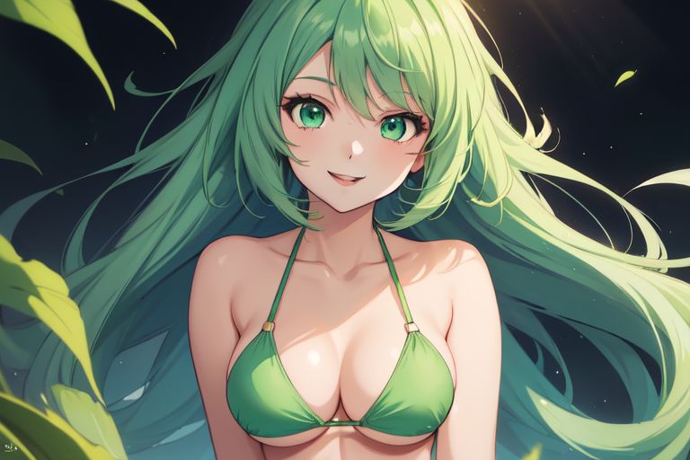 1girls ai_generated bikini blissfulslxt collarbone female female_only green_bikini green_eyes green_hair green_swimsuit long_hair looking_at_viewer rule_34-tan rule_34_(booru) self_upload smiling_at_viewer solo tagme very_long_hair