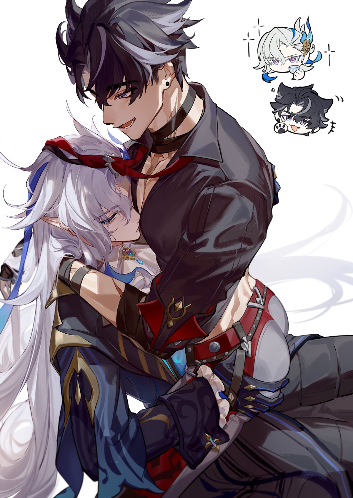 2boys, gay, genshin impact, hoyoverse, male, male only, mihoyo, neuvillette (genshin impact), sitting on lap, wriothesley (genshin impact), yaoi, zljdbhypy