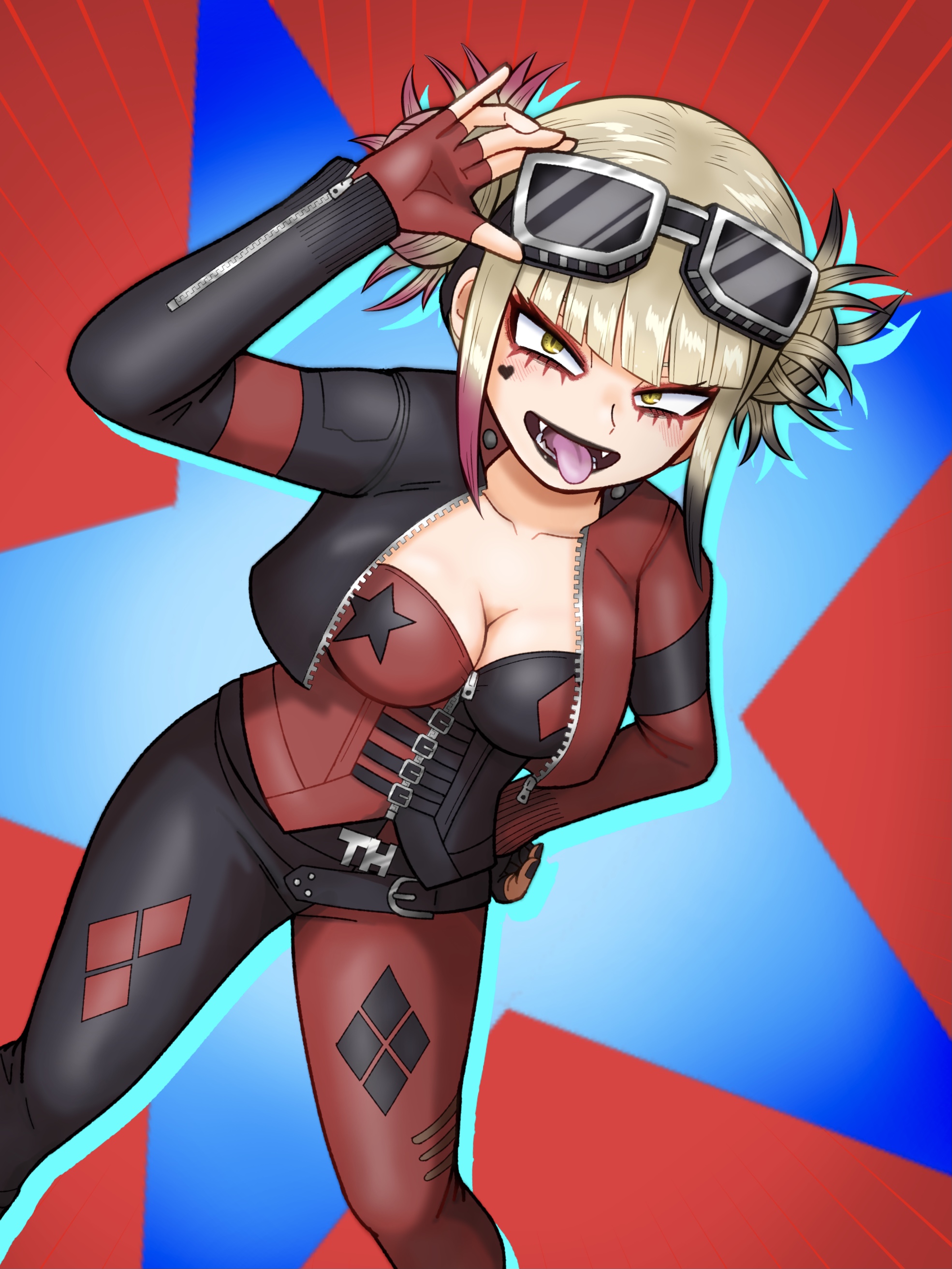 1girls, batman (series), belt, blonde female, blonde hair, blonde-haired female, boku no hero academia, cleavage, cosplay, crossover, crossover cosplay, dc, dc comics, double bun, fangs, female, goggles, goggles on head, harley quinn (cosplay), heart on cheek, himiko toga, jacket, my hero academia, sharp teeth, toga himiko, tongue, tongue out, yellow eyes