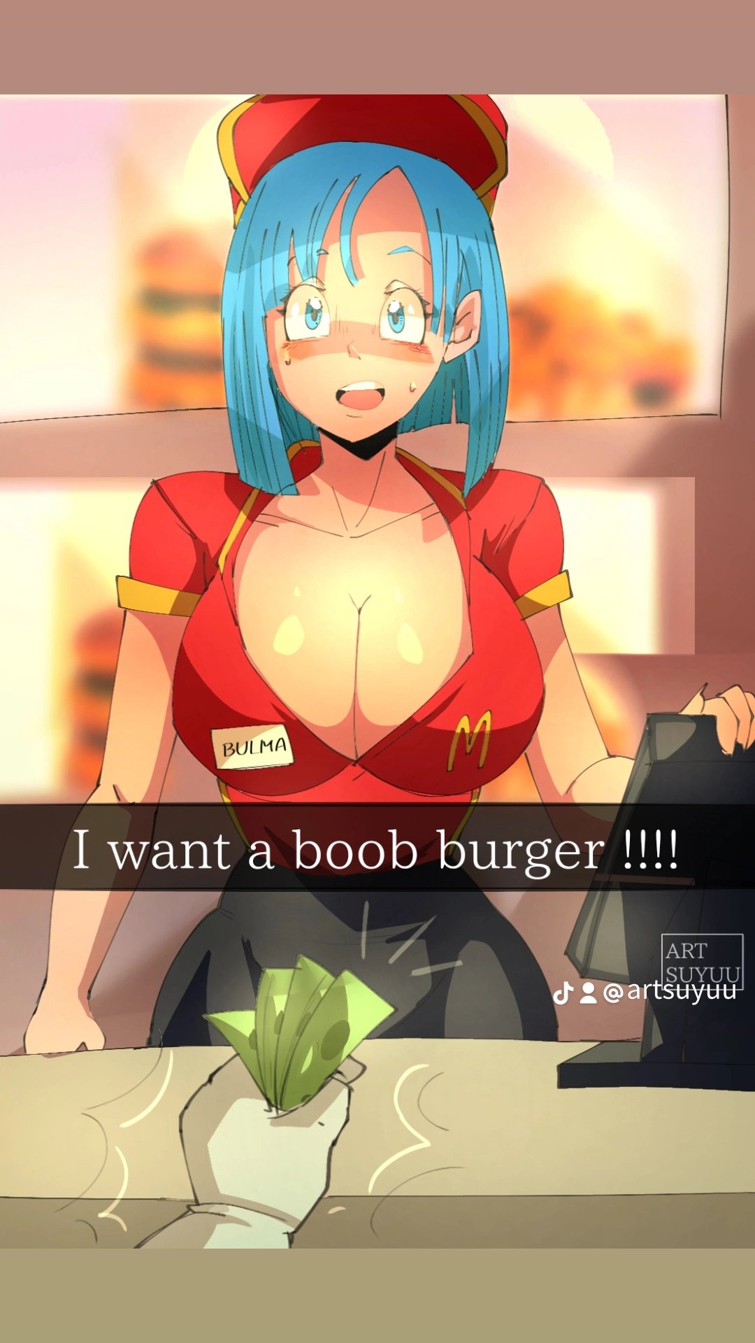 1boy 1girls big_breasts blue_eyes blue_hair blush bulma_briefs cash cleavage dragon_ball dragon_ball_z fast_food female large_ass male name_tag suyuu_art text thick_thighs thighs vegeta wide_hips