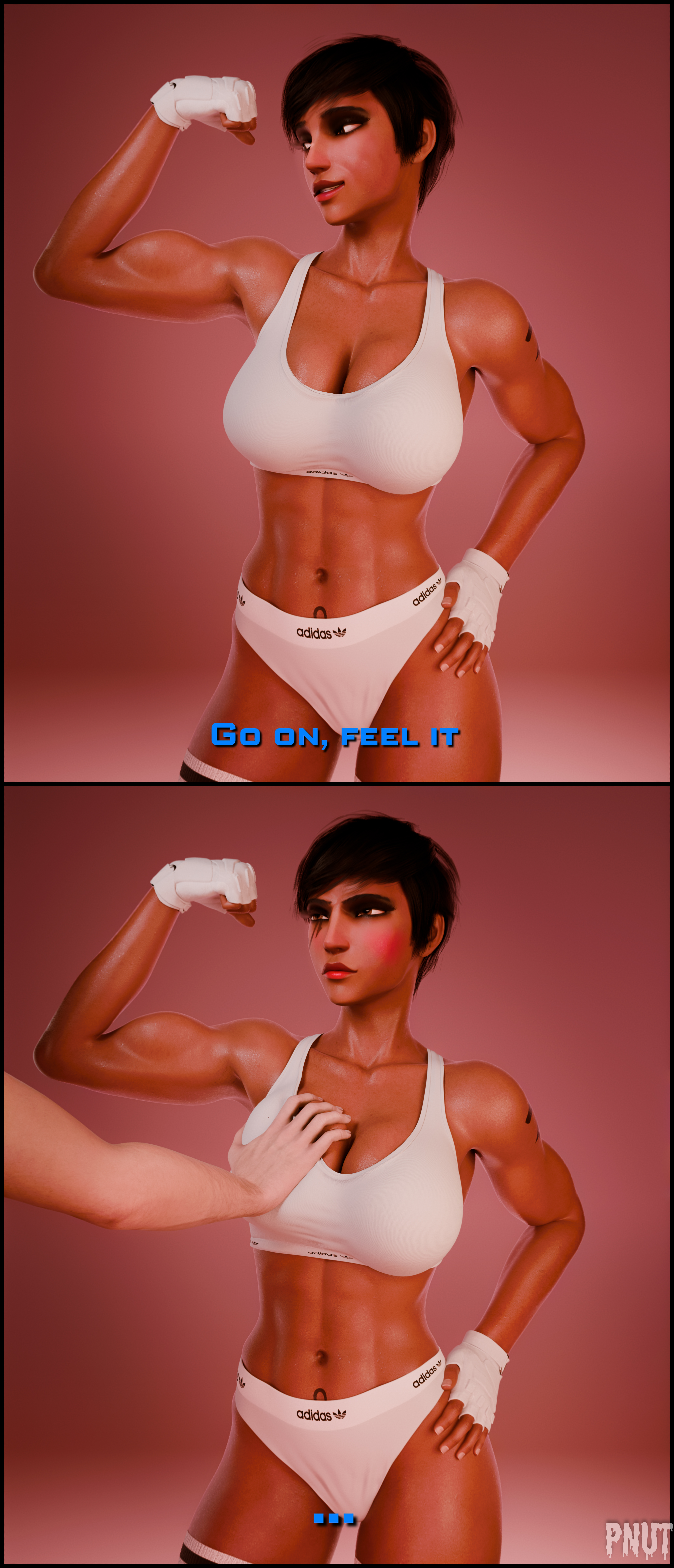 3d, 3d (artwork), 4k, angry, athletic, athletic female, blender, blender (software), blush, breast grab, breast squeeze, breasts, clothed, dark skin, dark-skinned female, embarrassed, female, go on feel it (meme), hi res, highres, interracial, light skin, light-skinned male, male, meme, overwatch, overwatch 2, pharah, pnut, short hair, sweat, tomboy, watermark