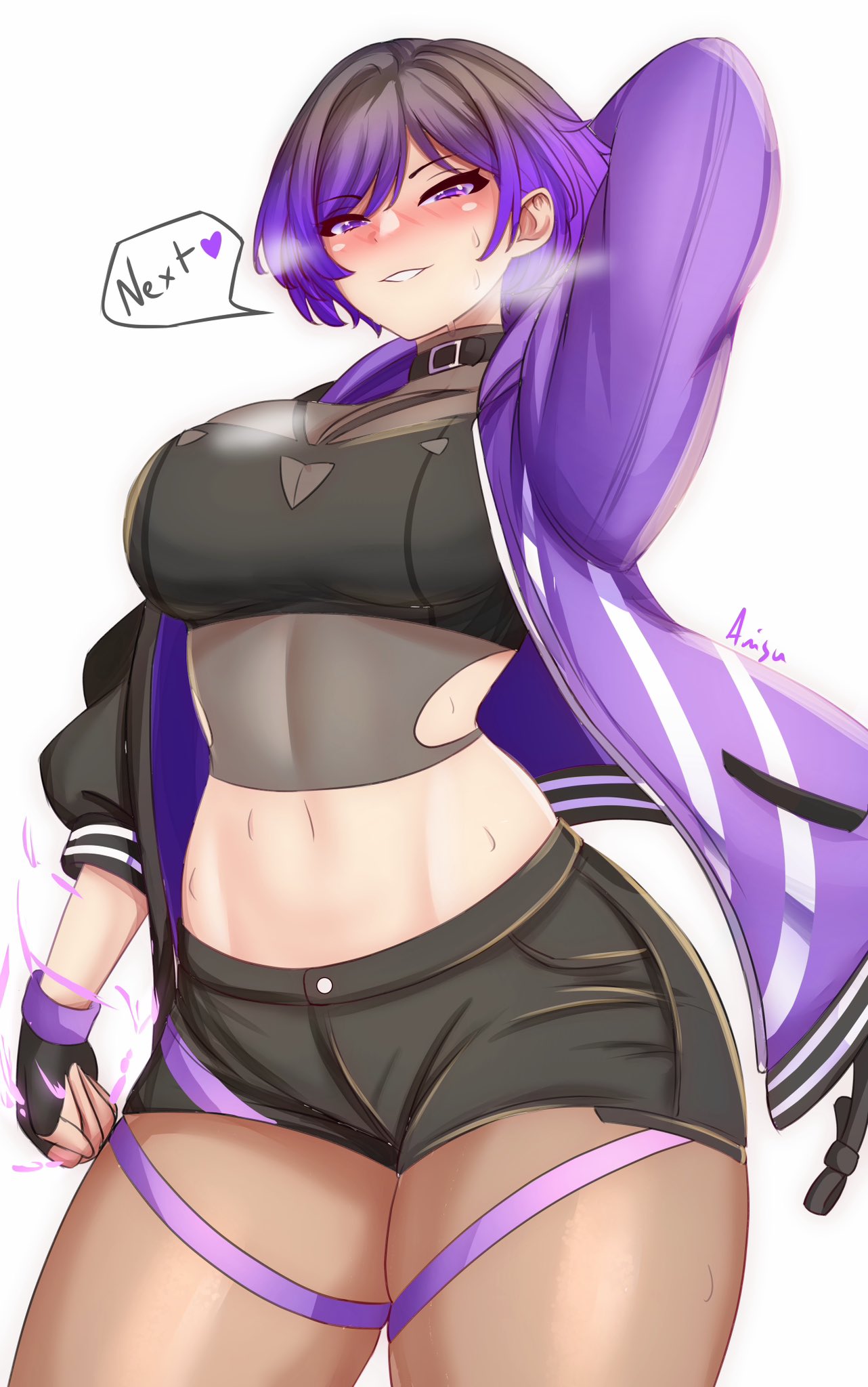 1girls, anisdrawn, armpits, arms up, ass, big ass, big breasts, black and purple hair, blush, breasts, female, female only, fully clothed, jacket, low-angle view, namco, reina mishima, solo, sweat, sweatdrop, talking to viewer, tekken, tekken 8, thick thighs