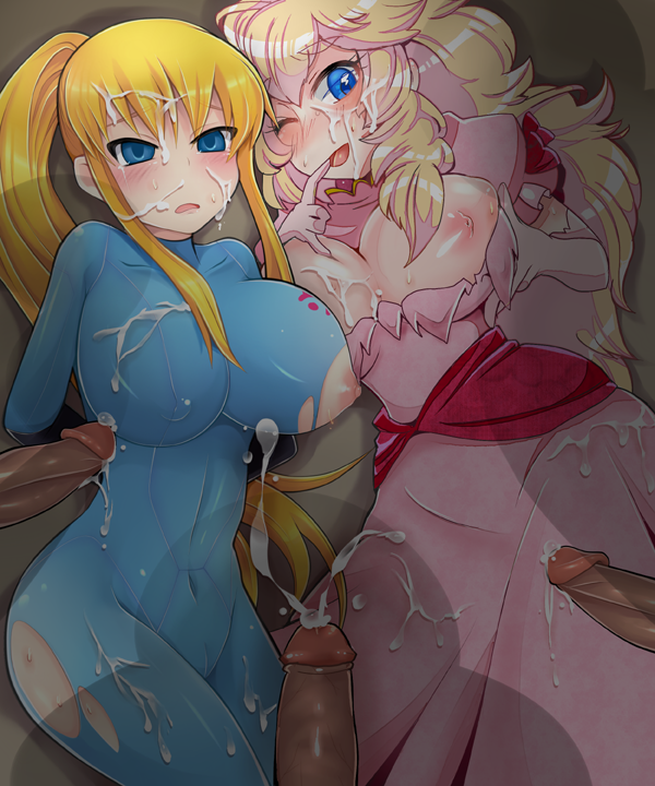 2girls blonde_hair blue_eyes blush bodysuit bot_gg breasts cameltoe collaboration cum cum_on_blue_clothes cum_on_body cum_on_breasts cum_on_clothes cum_on_hair cum_on_pink_clothes cum_on_upper_body dress ejaculation elbow_gloves erect_nipples facial finger_to_mouth gloves handsfree_ejaculation huge_breasts imminent_rape large_breasts long_hair mario_(series) metroid multiple_girls multiple_penises nintendo nipples open_mouth penis pixiv_manga_sample ponytail princess_peach samus_aran skin_tight smile super_smash_bros. tied_hair torn_clothes uncensored wink yukimimi zero_suit zero_suit_samus