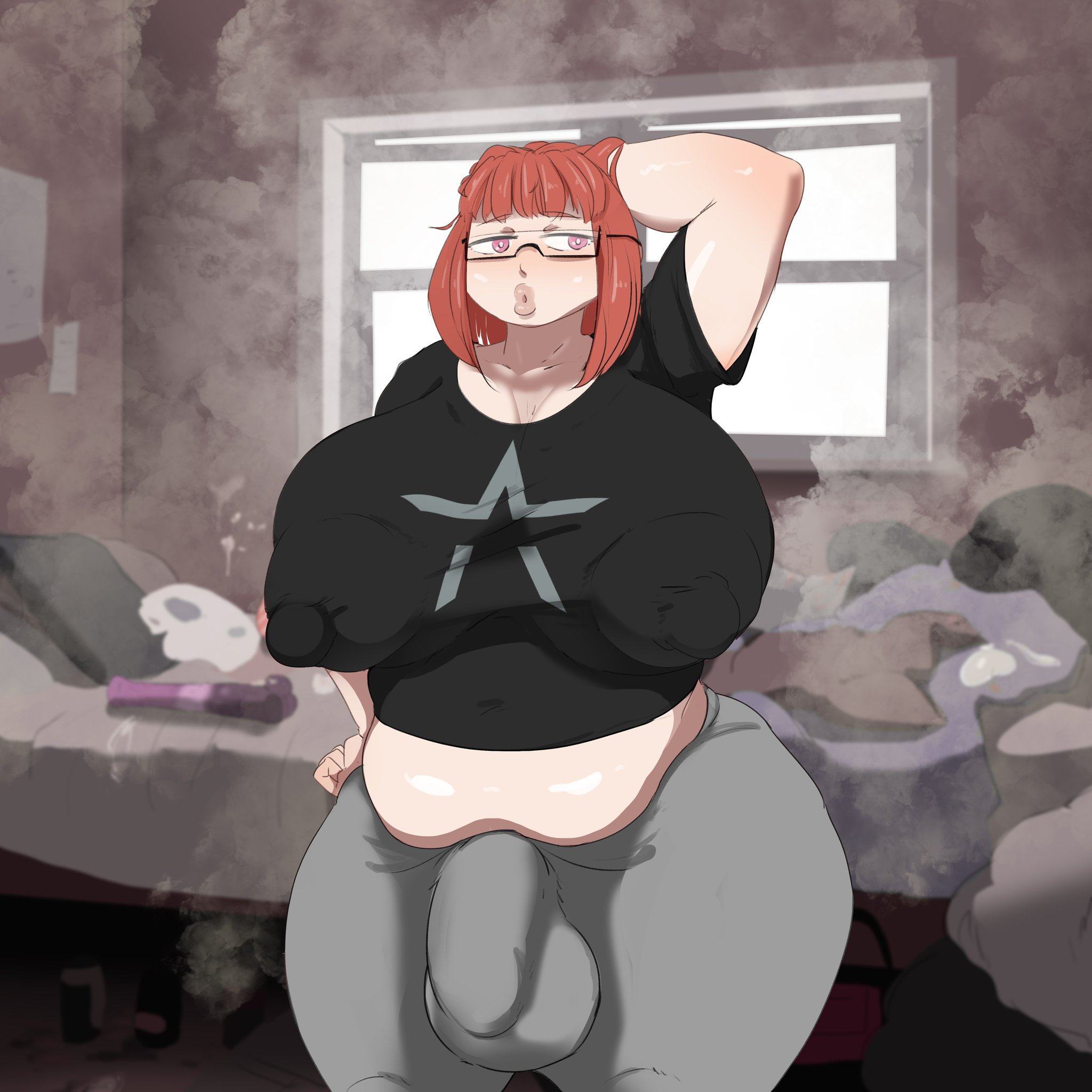 bbw, chubby, clothed, dressed, fat, futa, futanari, glasses, messy room, muskdumbart, neet, nerd, nerdy futa, original, overweight, overweight futa, red hair, smelly, solo, stink fumes, thick lips