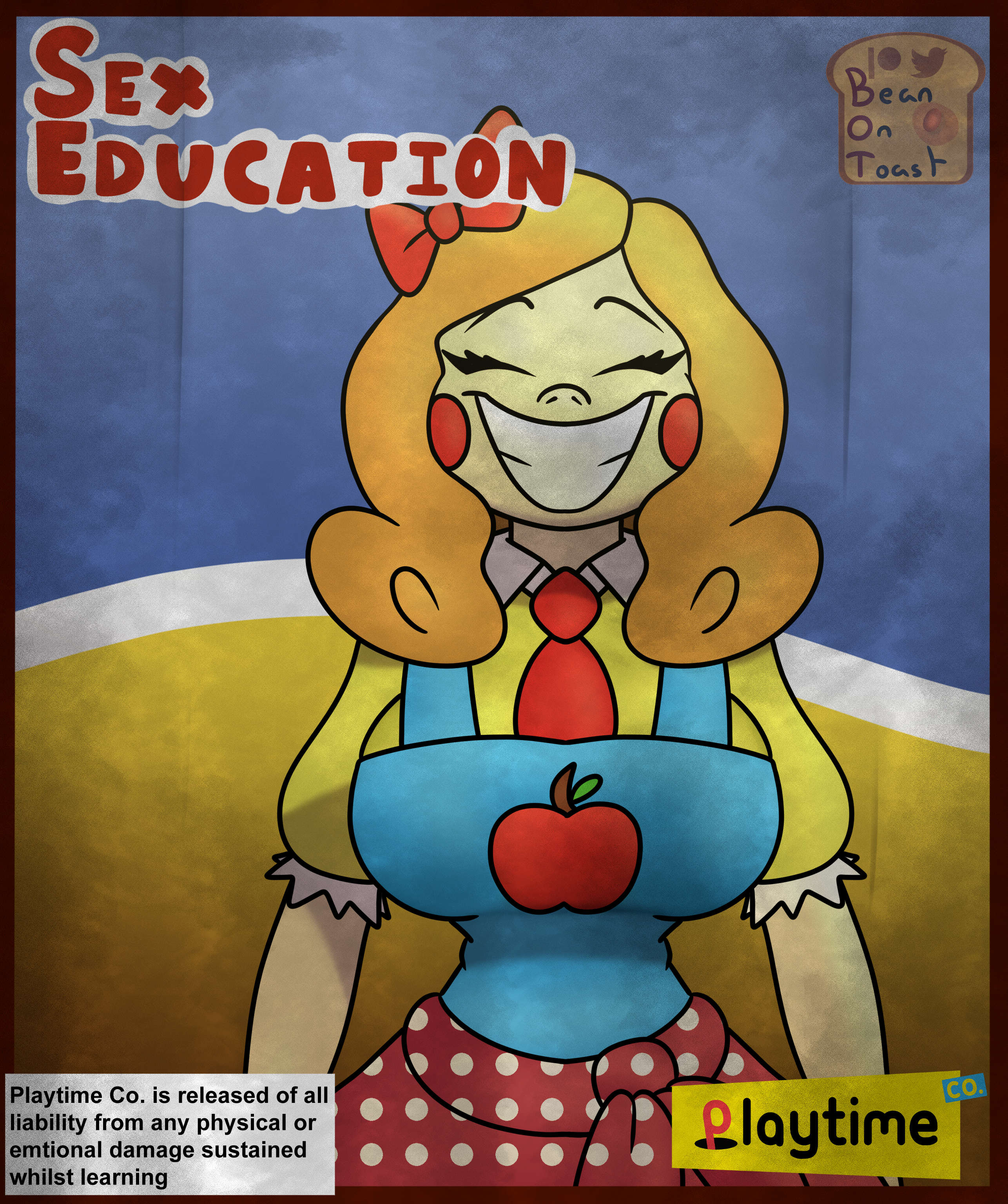 2024, 2d, 2d (artwork), 2d artwork, animatronic, beanontoast, big breasts, blonde hair, breasts, female, light skin, light-skinned female, miss delight, mob entertainment, poppy playtime, poppy playtime (chapter 3), rosy cheeks, smile, solo, teacher