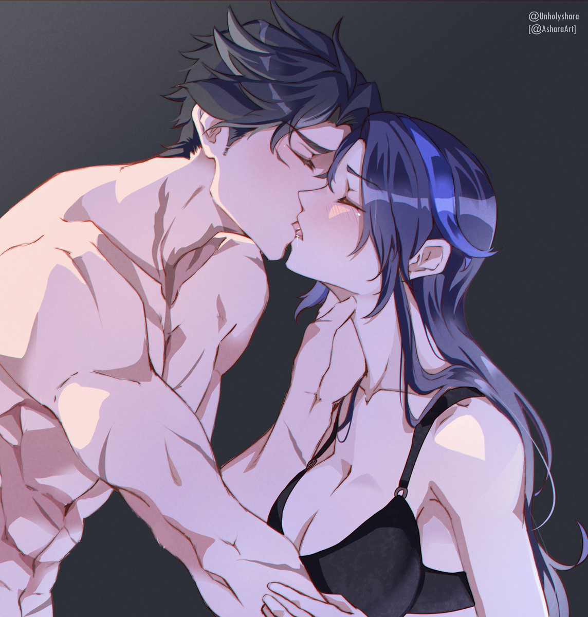 1boy, 1girls, asharaart, big breasts, black bra, blue hair, bra, bra only, breasts, cleavage, clorinde (genshin impact), closed eyes, female, french kiss, genshin impact, kissing, long hair, making out, male, male/female, muscular, muscular male, scar, shirtless, shirtless male, straight, tongue kiss, topless, wriothesley (genshin impact)