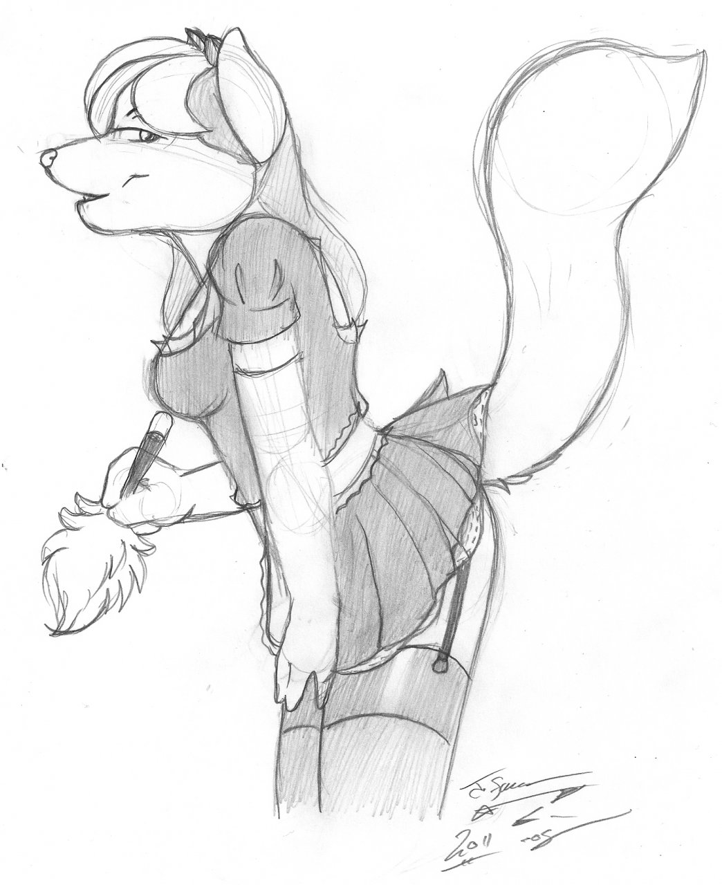 anthro canine female fur furry joshua_frinkle looking_at_viewer maid maid_uniform raised_tail skimpy stockings tail wolf