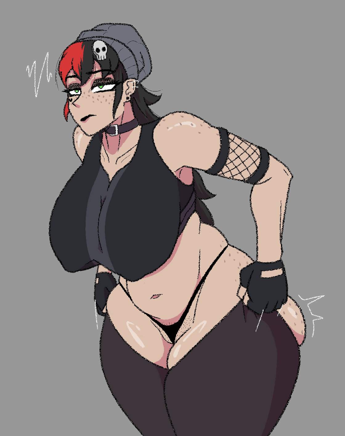 1girls, annoyed, beanie, belt collar, breasts, ellie walls (odysseyellie), female, freckles, goth, huge breasts, huge thighs, kryptikus, kryptraider, multicolored hair, skindentation, solo, tagme, thick thighs, thong, two-tone hair, wardrobe malfunction