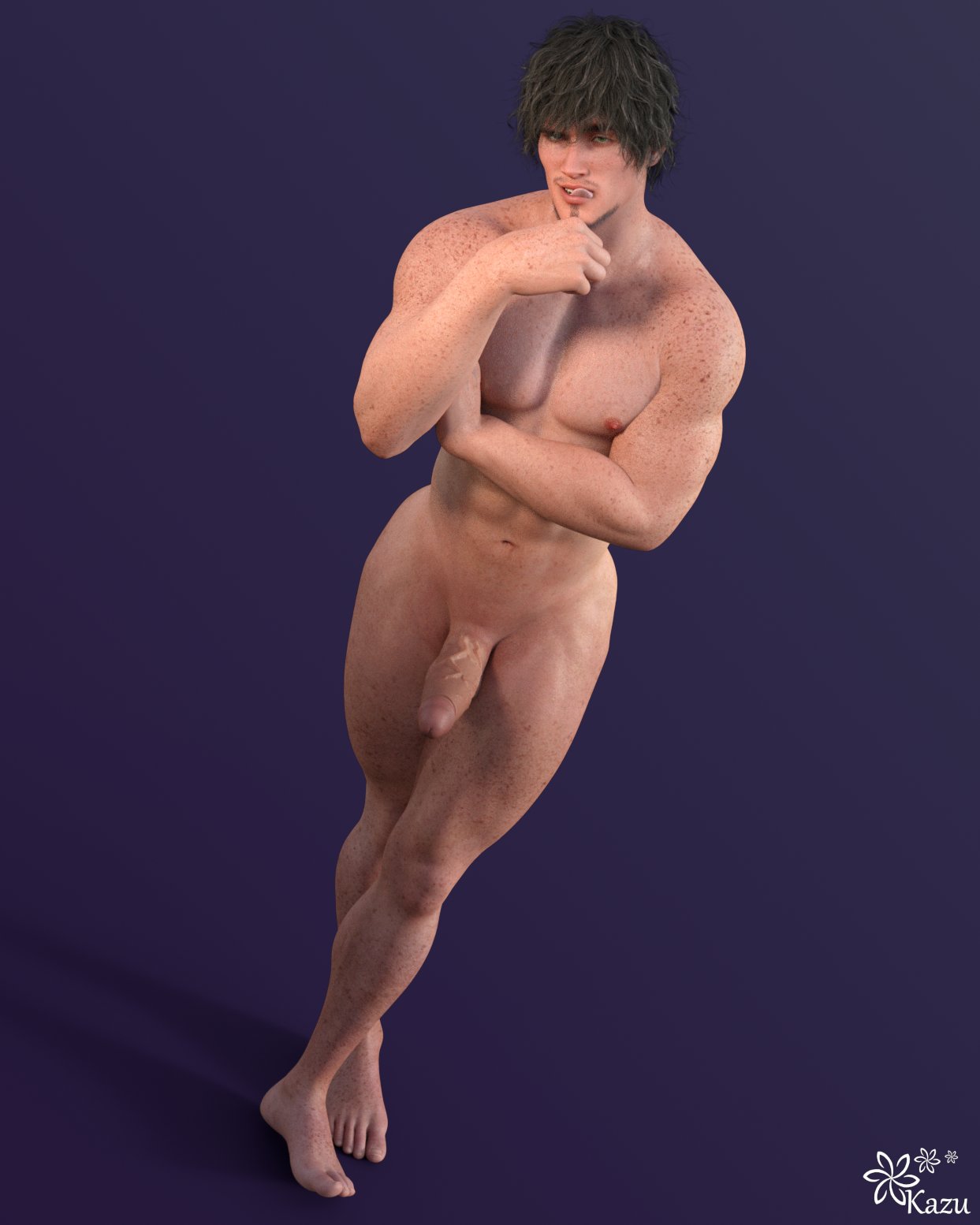 1boy 1human 1male brown_hair erect_penis erection freckled_skin green_eyes hairless happy_trail kazuworks licking_lips male male_focus male_only masculine muscular muscular_male oc original original_character pink_nipples purple_background shaved_crotch smooth_body solo solo_focus solo_male