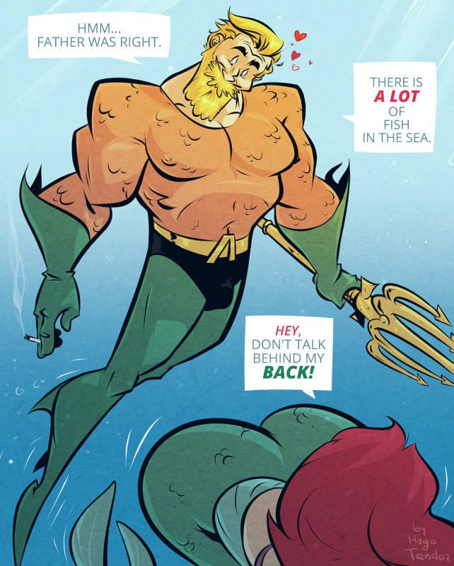 1boy1girl aquaman aquaman_(series) ariel ariel_(the_little_mermaid) arthur_curry ass ass_focus big_ass blonde_hair crossover dc dc_comics dialogue disney disney_princess english_text hugotendaz in_love looking_at_another looking_at_partner male/female mermaid muscular_male princess red_hair redhead royalty staring_at_ass straight_hair superhero text the_little_mermaid underwater